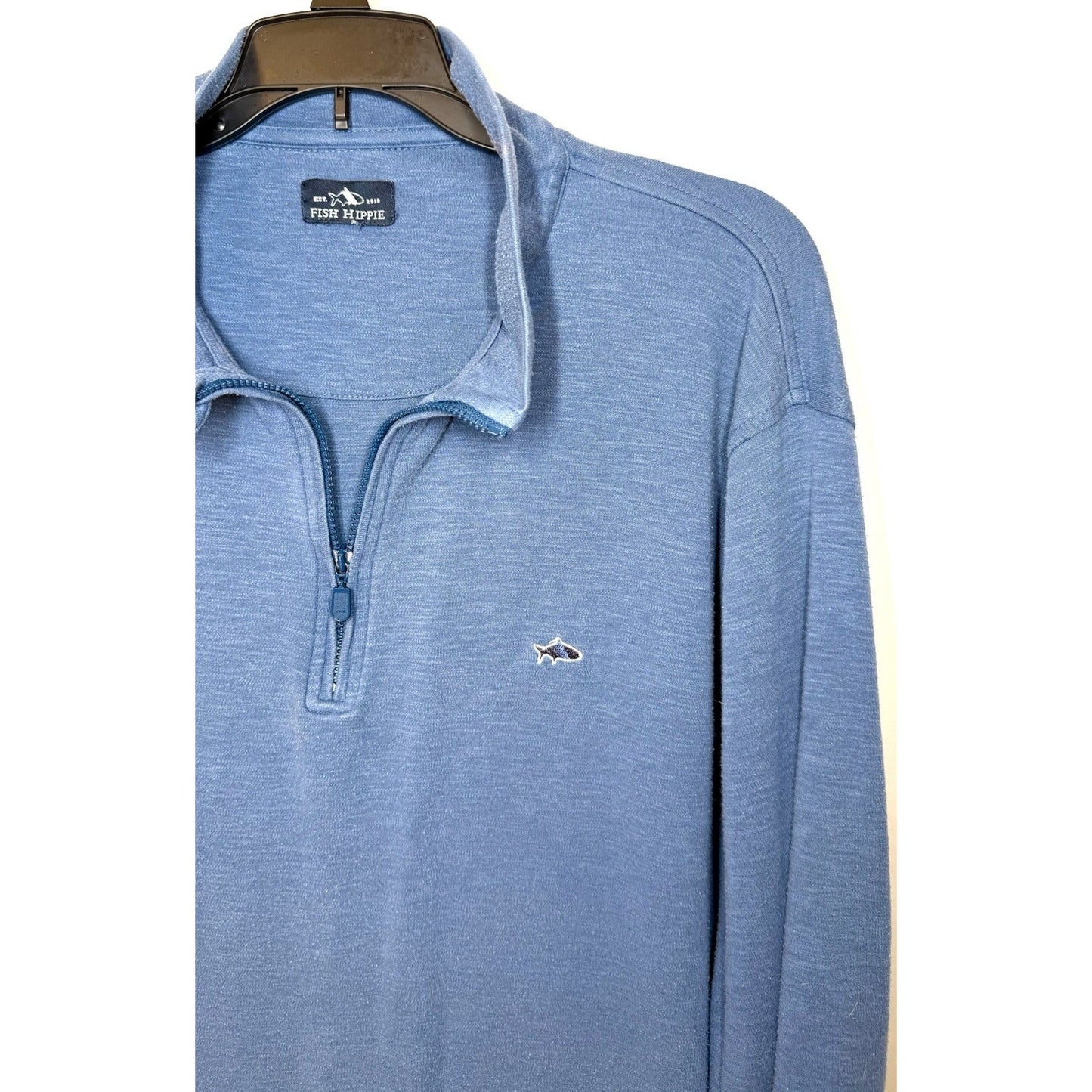 Fish Hippie 1/4 Zip Pullover Large Sweater Jacket Preppy Embroidered Light Blue