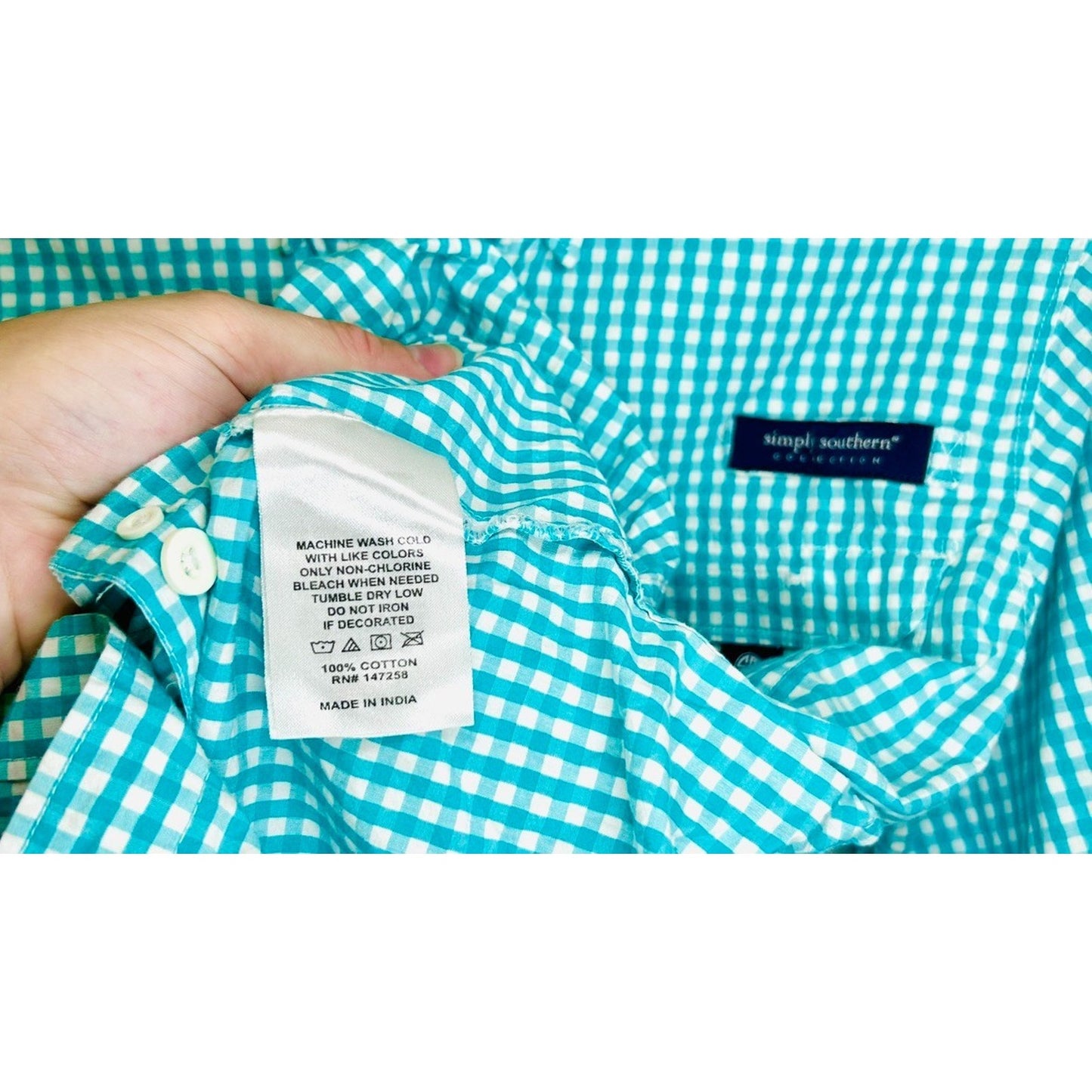 Simply Southern Button Down Shirt Mens Small Teal Green Plaid Logo Collared L/S