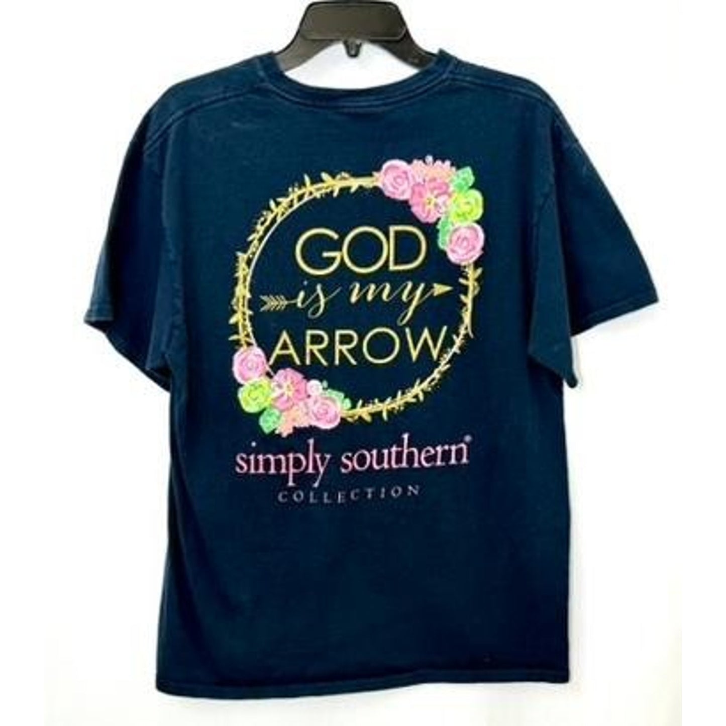 Simply Southern God Is My Arrow T-Shirt Womens Large Navy Blue Floral Graphic