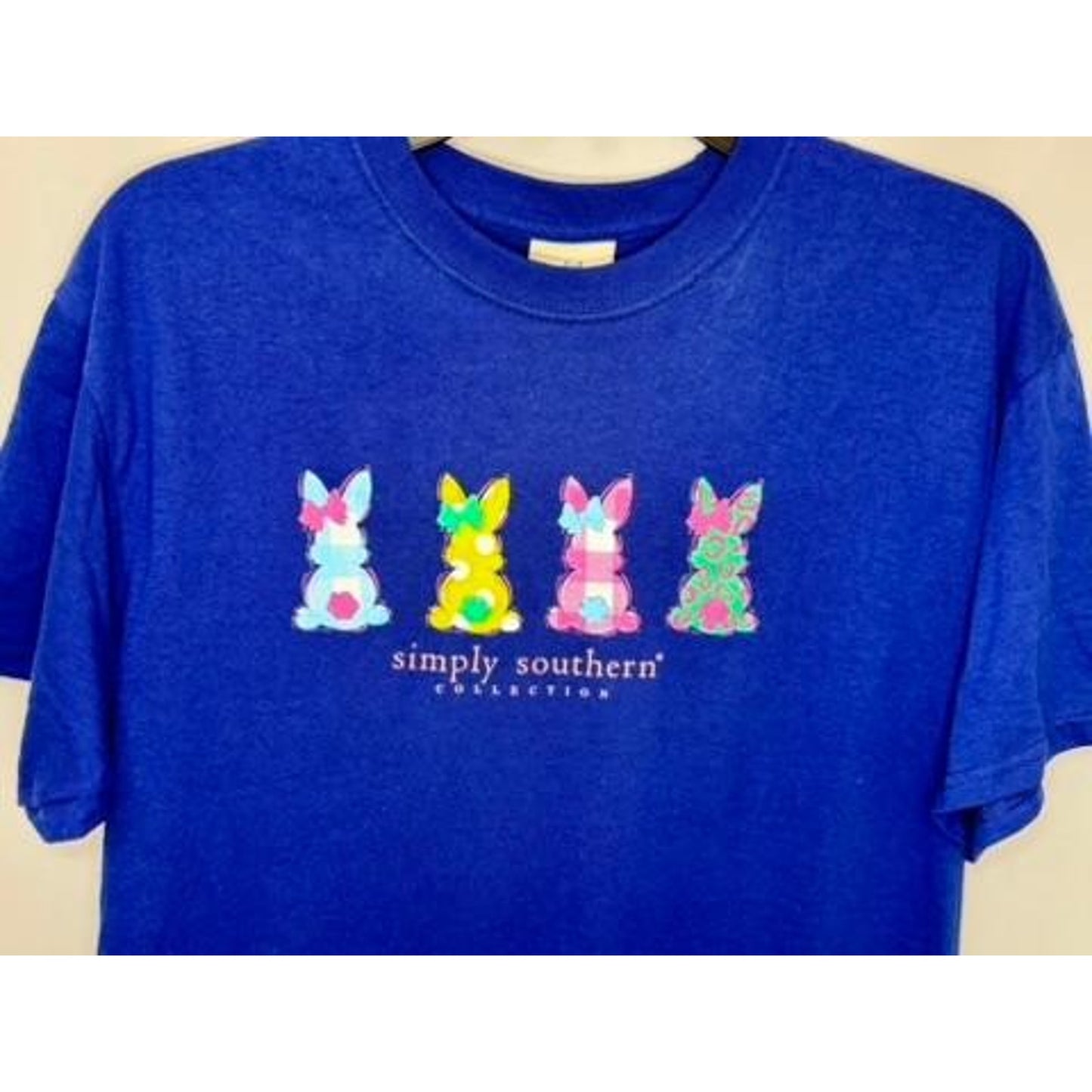 Simply Southern Easter Vibes T-Shirt Girls Medium Blue Golden Retriever Bunny