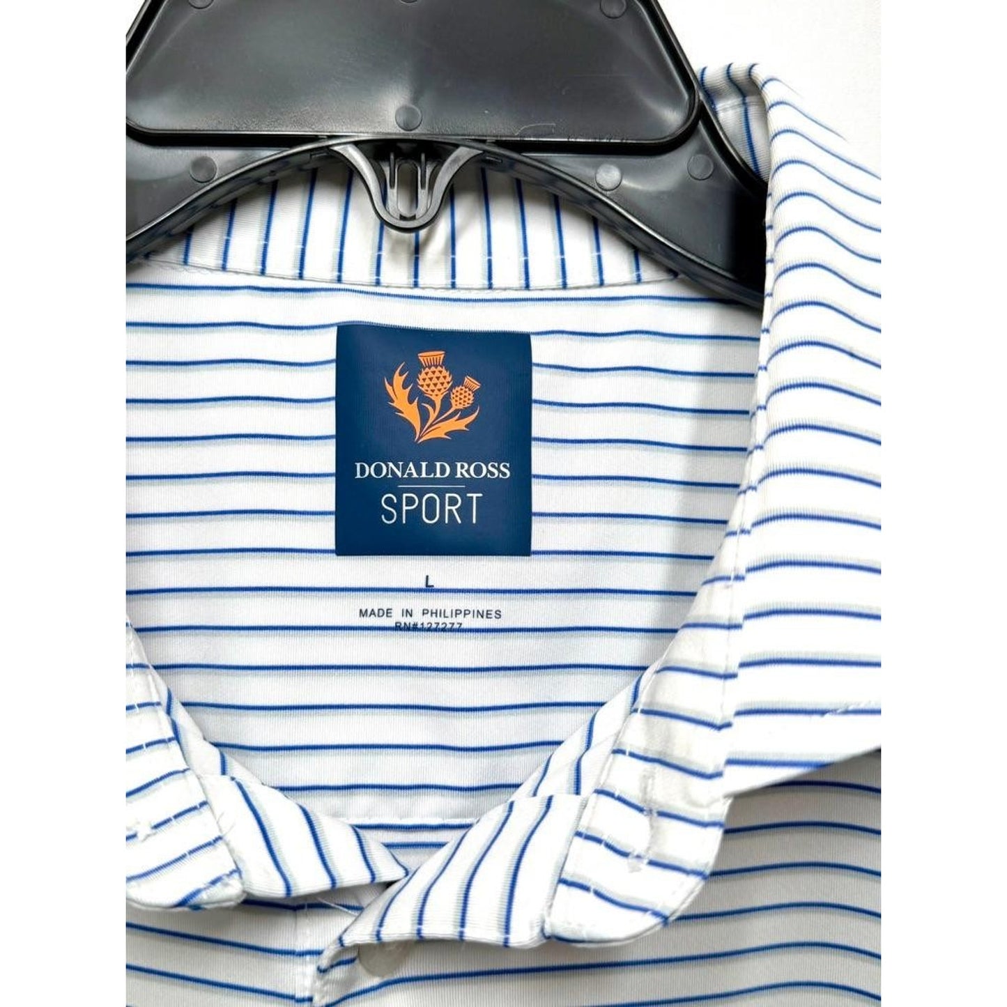Donald Ross Sport Mens Large Blue White Striped Golf Polo Shirt Short Sleeve