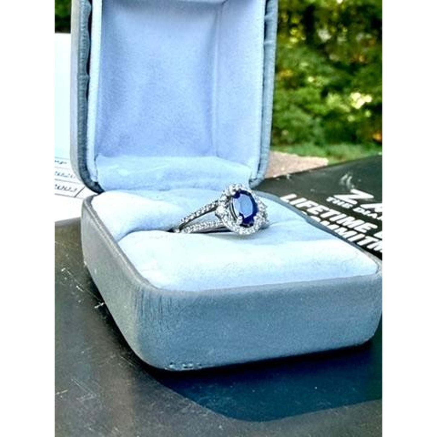 Zales Blue Sapphire Diamond Halo Engagement Ring 10K White Gold 1/3 CTW