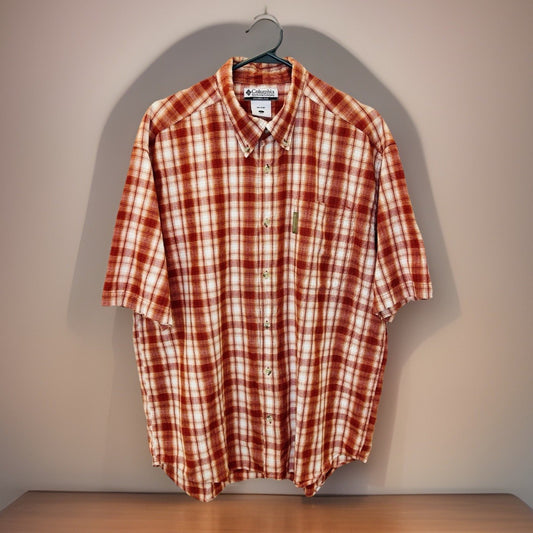 Columbia Plaid Button Up Shirt Short Sleeve Outdoor Casual Red White Large