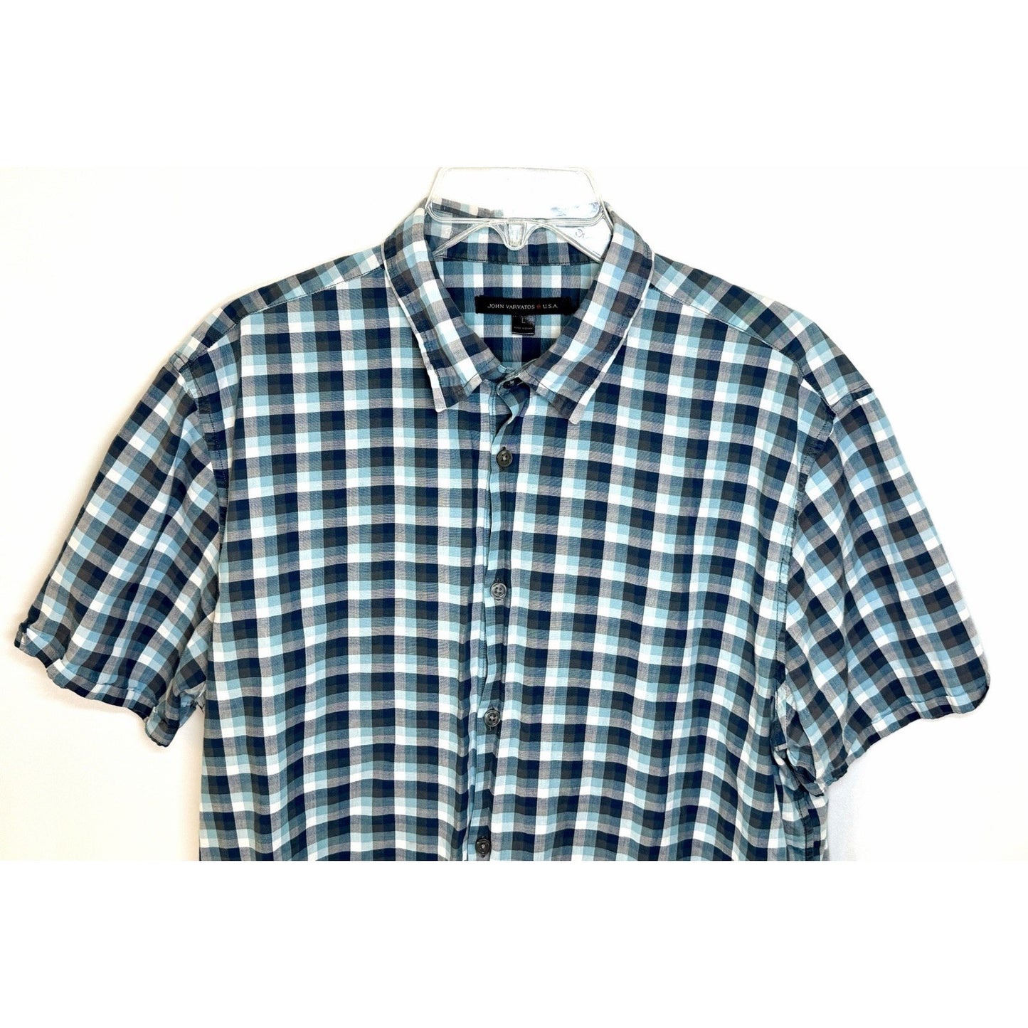 John Varvatos USA Mens Size Large Blue Check Short Sleeve Button Up Shirt