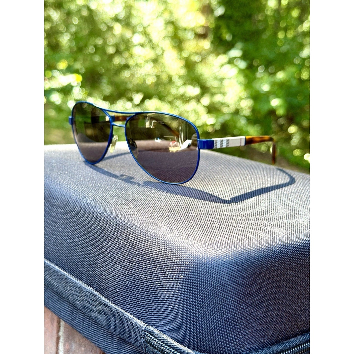 Burberry BE3080 Navy Blue Aviator Sunglasses Check Pattern Temples 59-14-135