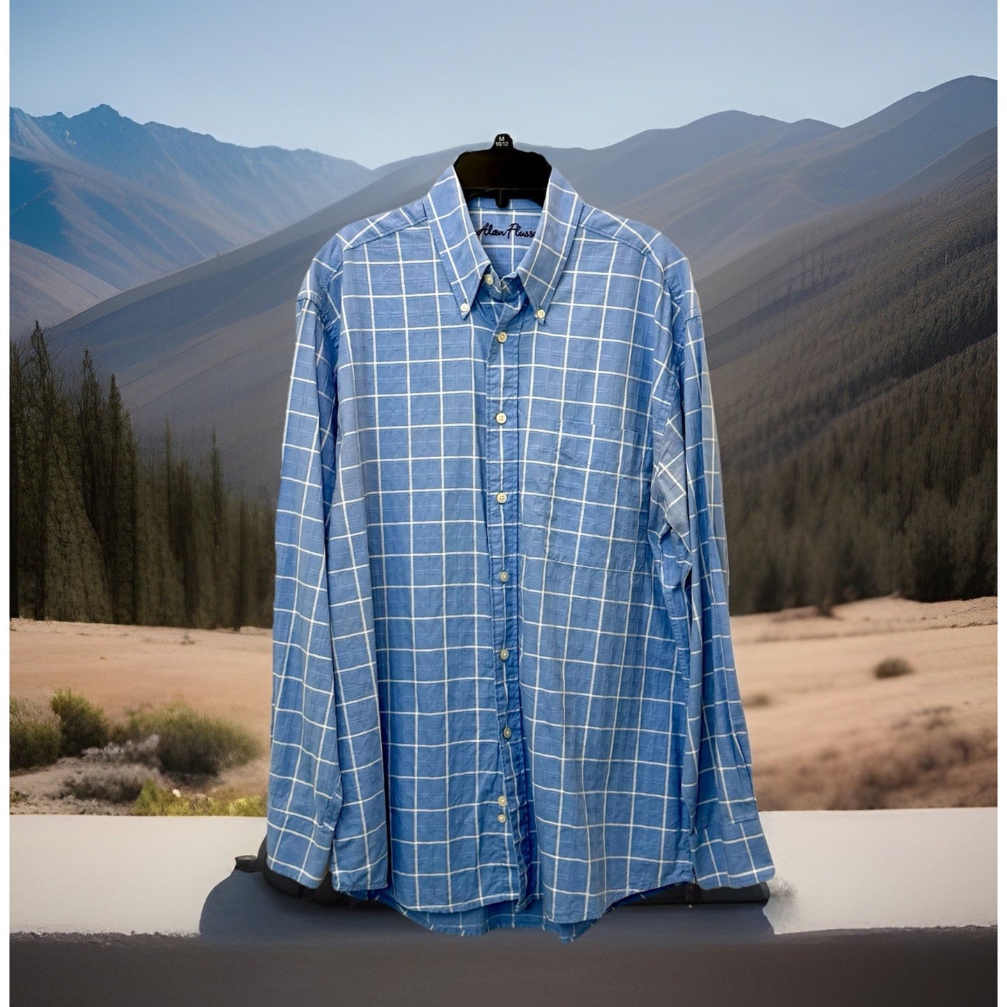 Alan Flusser Men’s Medium Blue Checkered Button Up Mens Shirt Plaid L/S Cotton