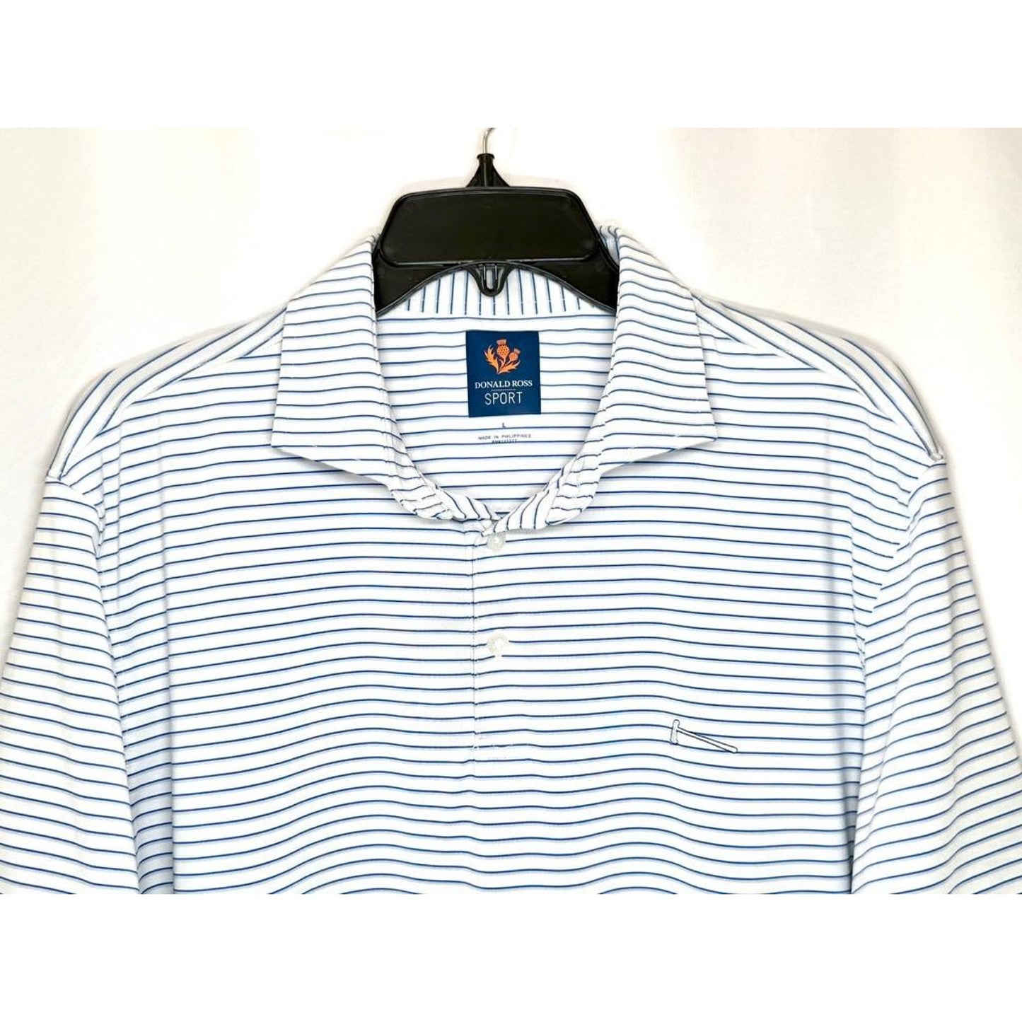 Donald Ross Sport Mens Large Blue White Striped Golf Polo Shirt Short Sleeve
