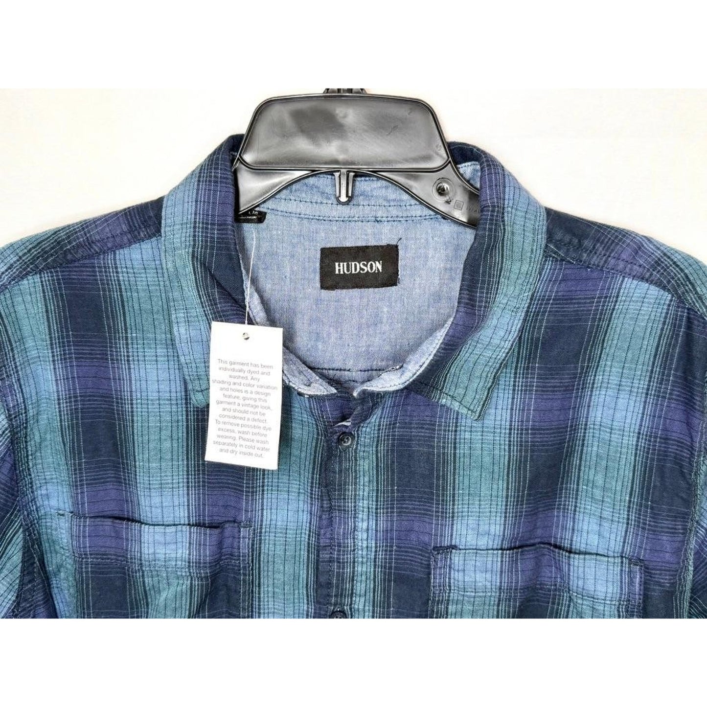 Hudson Jeans Santana Plaid Flannel Shirt Mens Large Blue Green Cotton Button Up