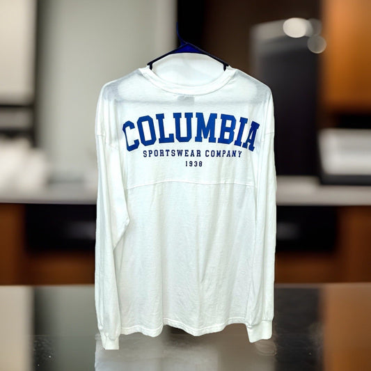 Columbia White Long Sleeve Tshirt Size Medium Spellout Sleeve Graphic Relaxed