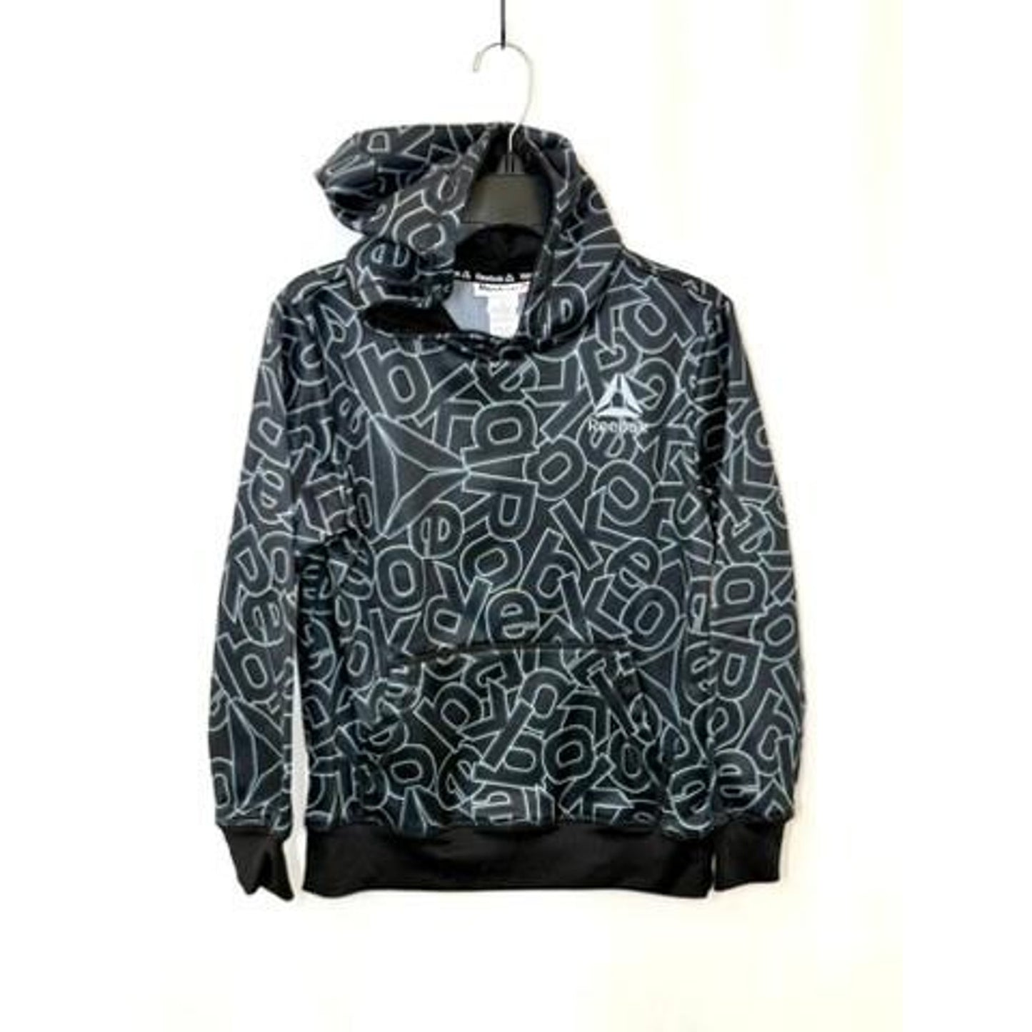 Reebok Boys Hoodie Sweatshirt Size 8 Medium Black Grey All Over Print Pullover