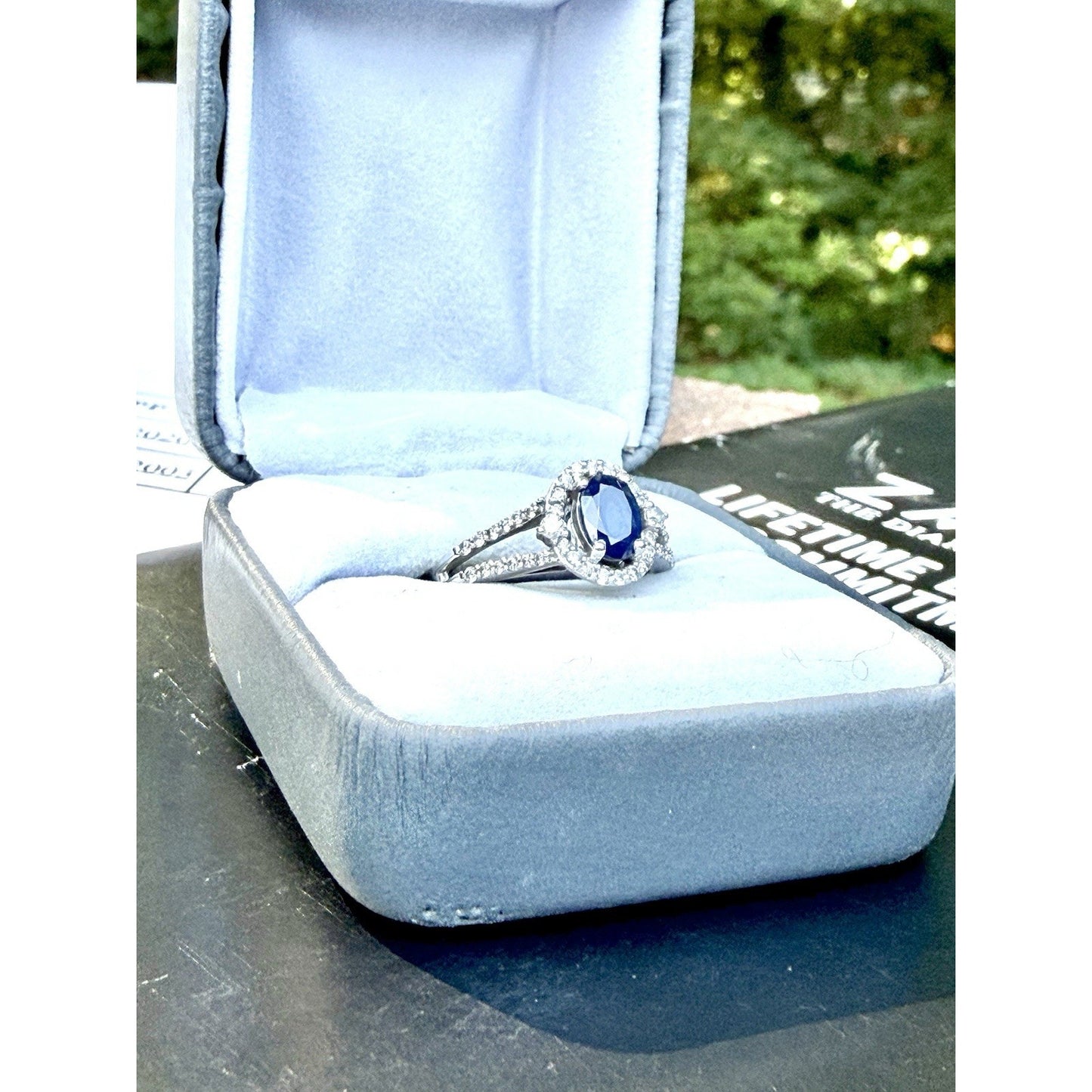 Zales Blue Sapphire Diamond Halo Engagement Ring 10K White Gold 1/3 CTW