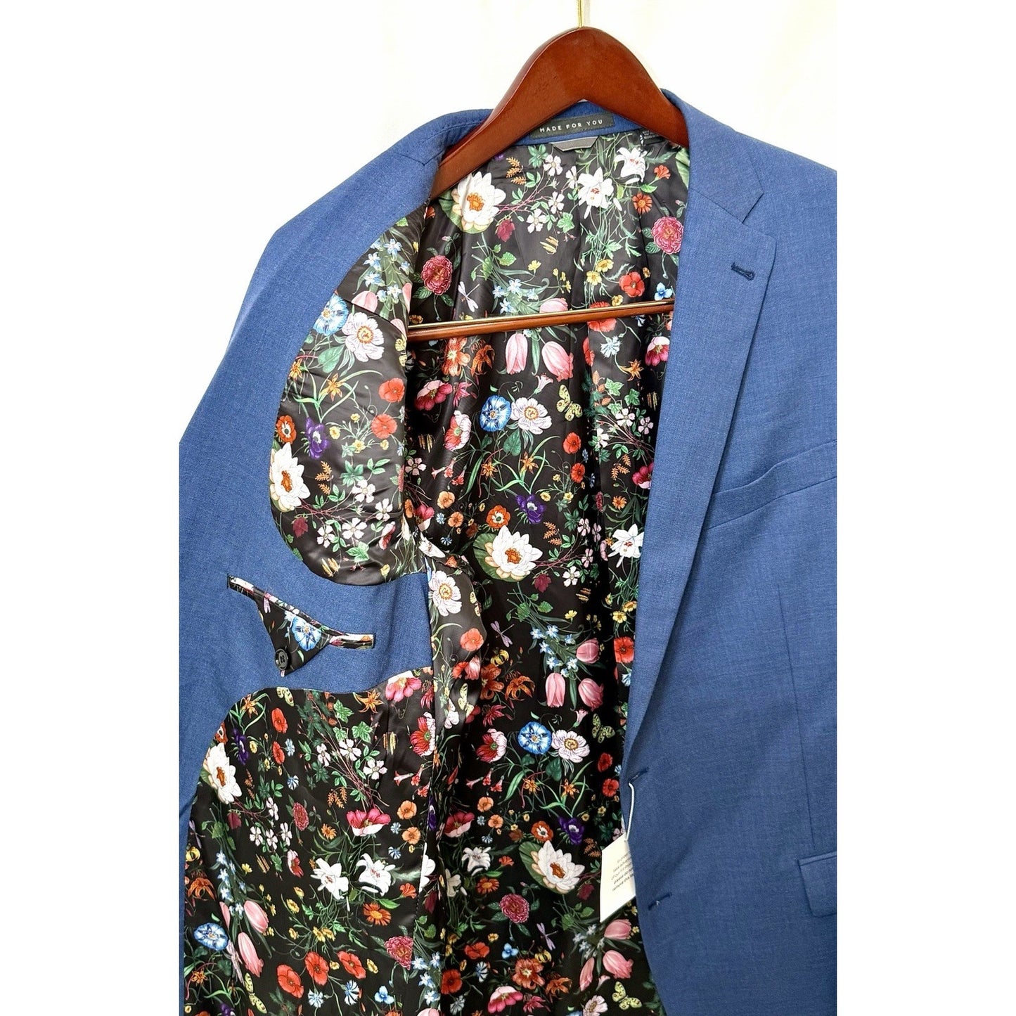 NWT Indochino Custom Blue/Floral Men Sport Coat Blazer Jacket Wool/Silk Size 46R