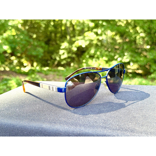 Burberry BE3080 Navy Blue Aviator Sunglasses Check Pattern Temples 59-14-135