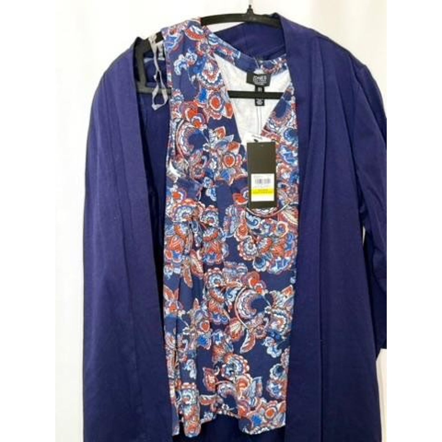 Jones New York Signature 2 Piece Knit Set Cardigan Paisley Tank Top Navy Blue