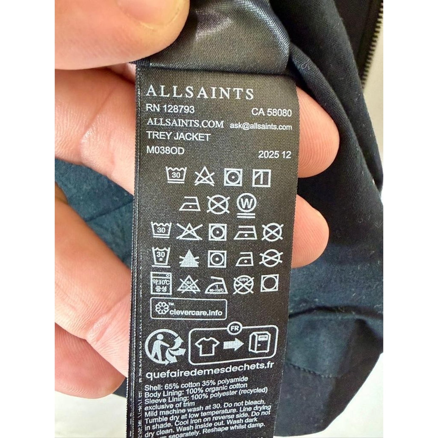 AllSaints Trey Jacket Mens XL Jet Black Cotton Blend Full Zip Harrington Coat