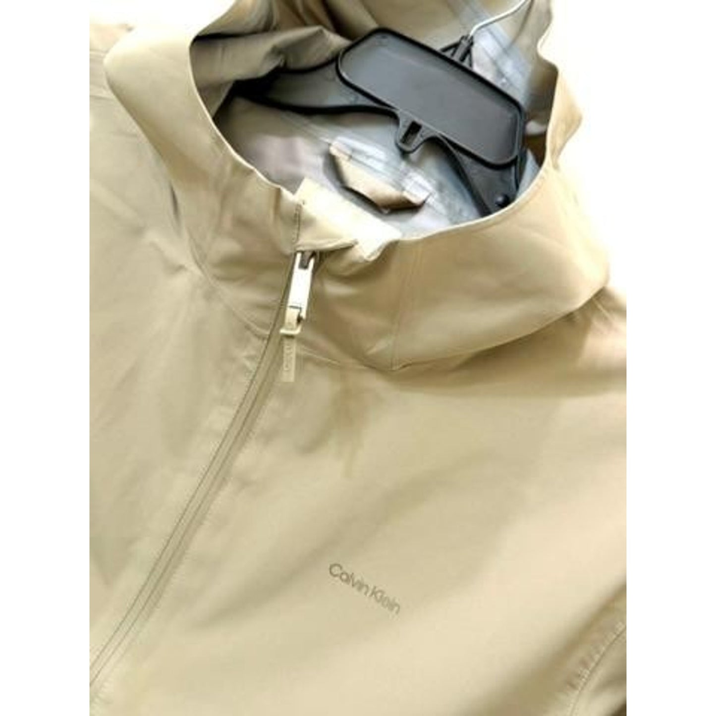 Calvin Klein Mens Large Beige Hooded Windbreaker Jacket Water Resistant Full Zip
