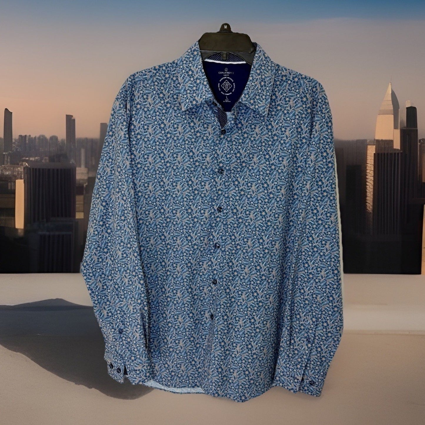 CON.STRUCT 4-Way Stretch Blue Floral Slim Fit Moisture Wicking Button Shirt LG