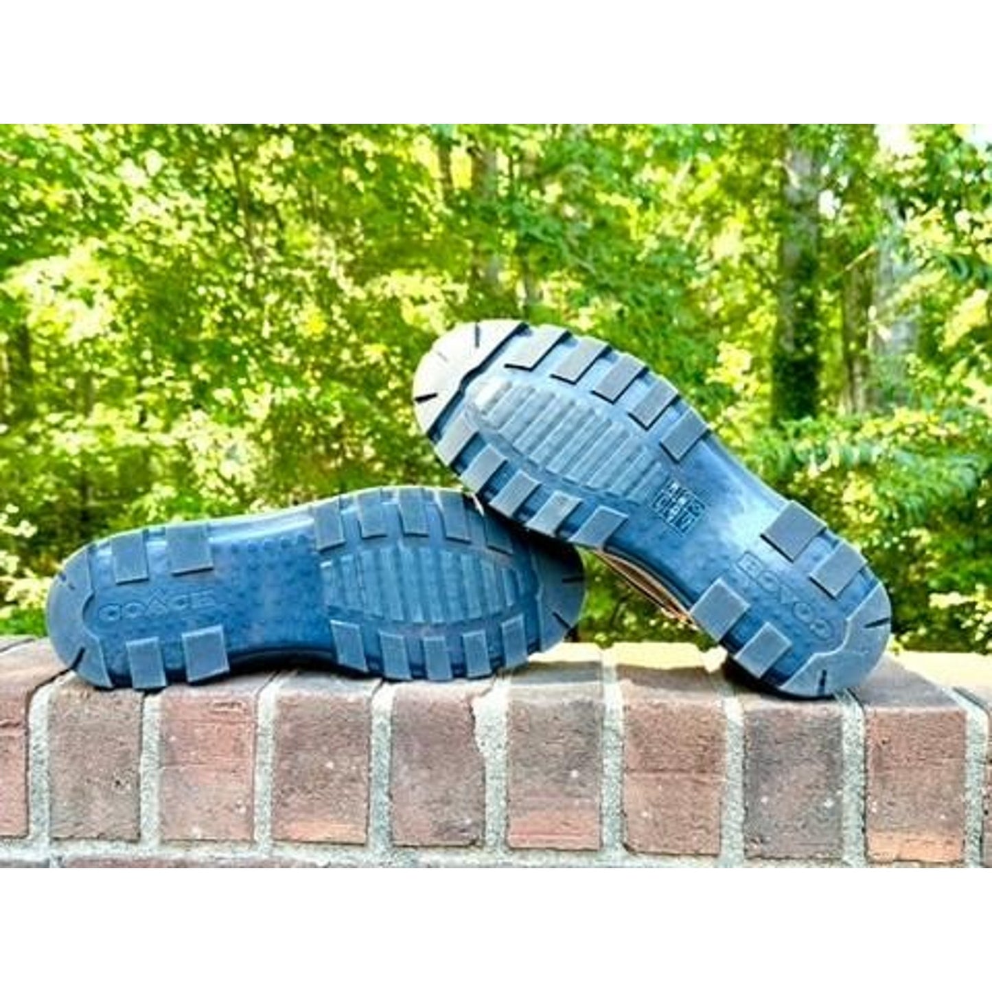 Coach Women Blue Suede Signature Canvas Combat Boots Lace Up Side Zip Lug Sole