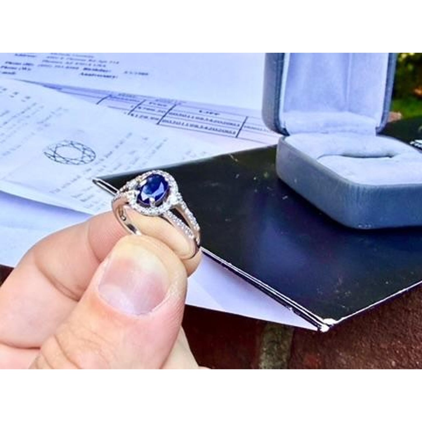 Zales Blue Sapphire Diamond Halo Engagement Ring 10K White Gold 1/3 CTW