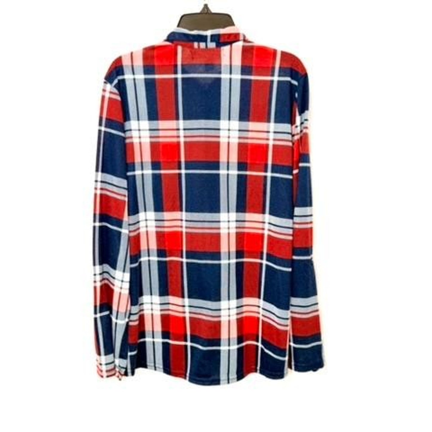 New York Laundry Plaid Button Up Shirt Womens Large Red Blue Roll Tab Sleeve