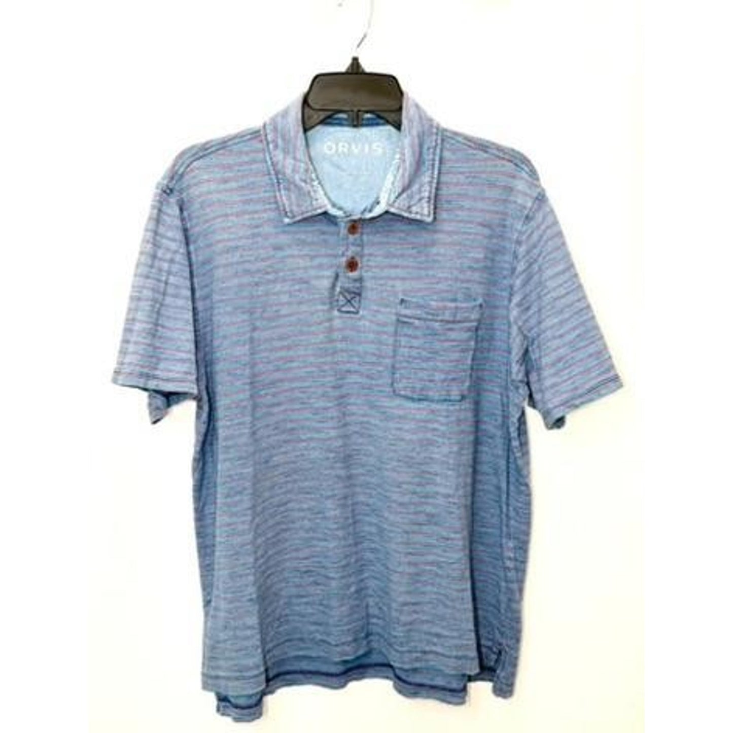 Orvis Shirt Mens Large Blue Red Striped Short Sleeve Cotton Polo Henley Pocket