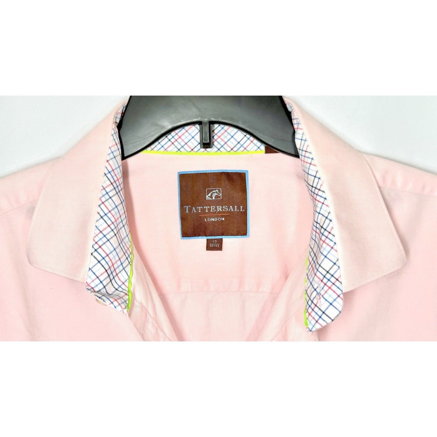 Tattersal London shirt men's large 17 32-33 pink white check long sleeve