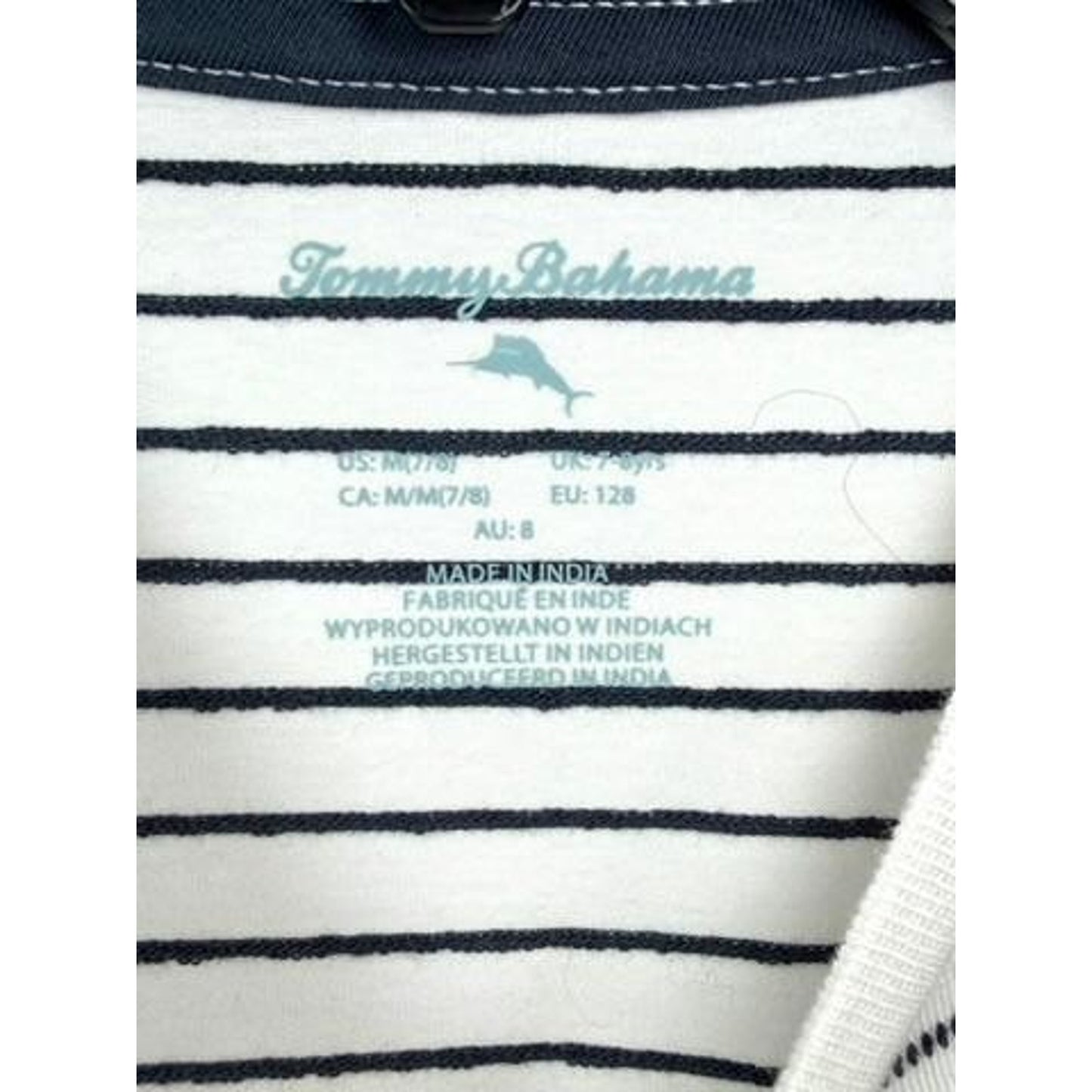 Tommy Bahama Boys Striped T-Shirt Size M 7-8 White Navy Blue Short Sleeve Tee