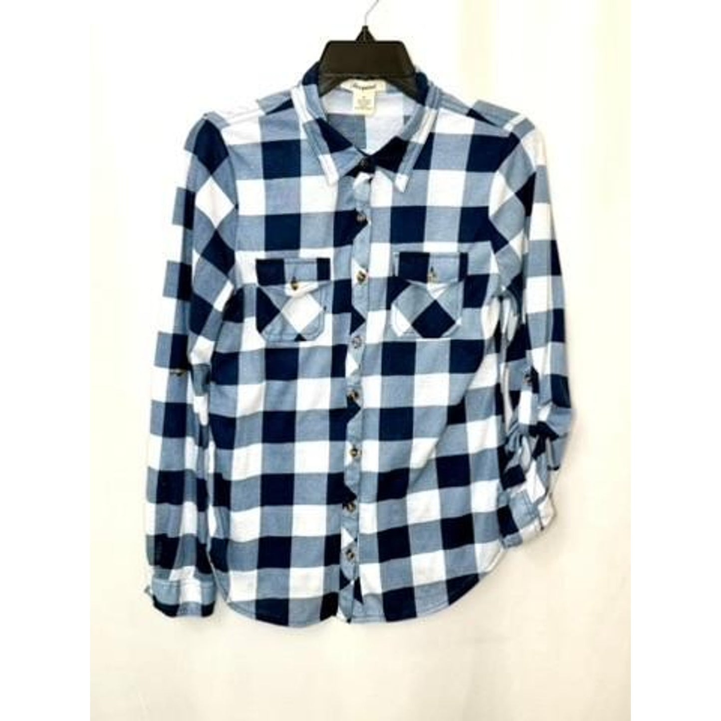 Passport Women Plaid Button Up Shirt Size M Blue White Buffalo Check Roll Tab