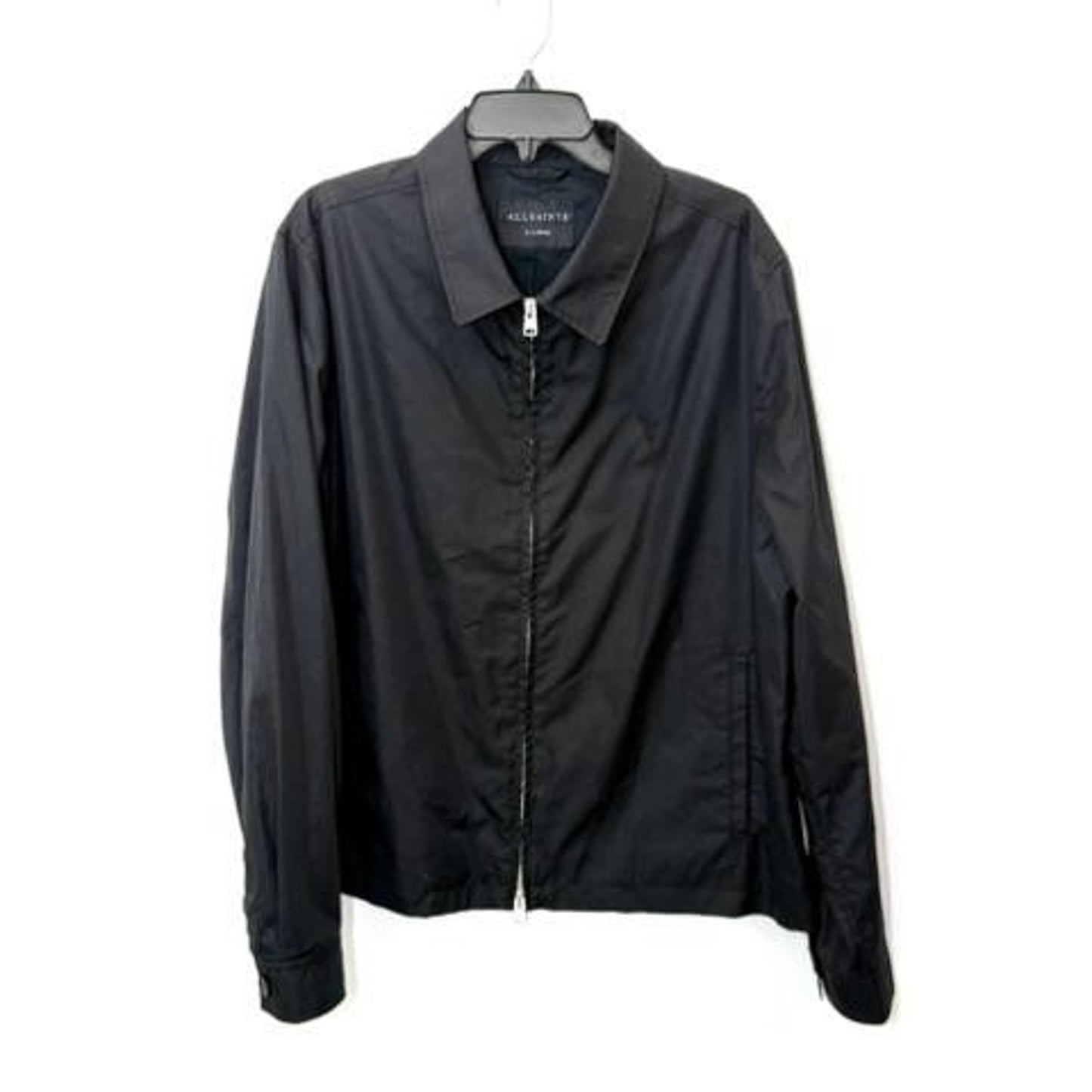 AllSaints Trey Jacket Mens XL Jet Black Cotton Blend Full Zip Harrington Coat
