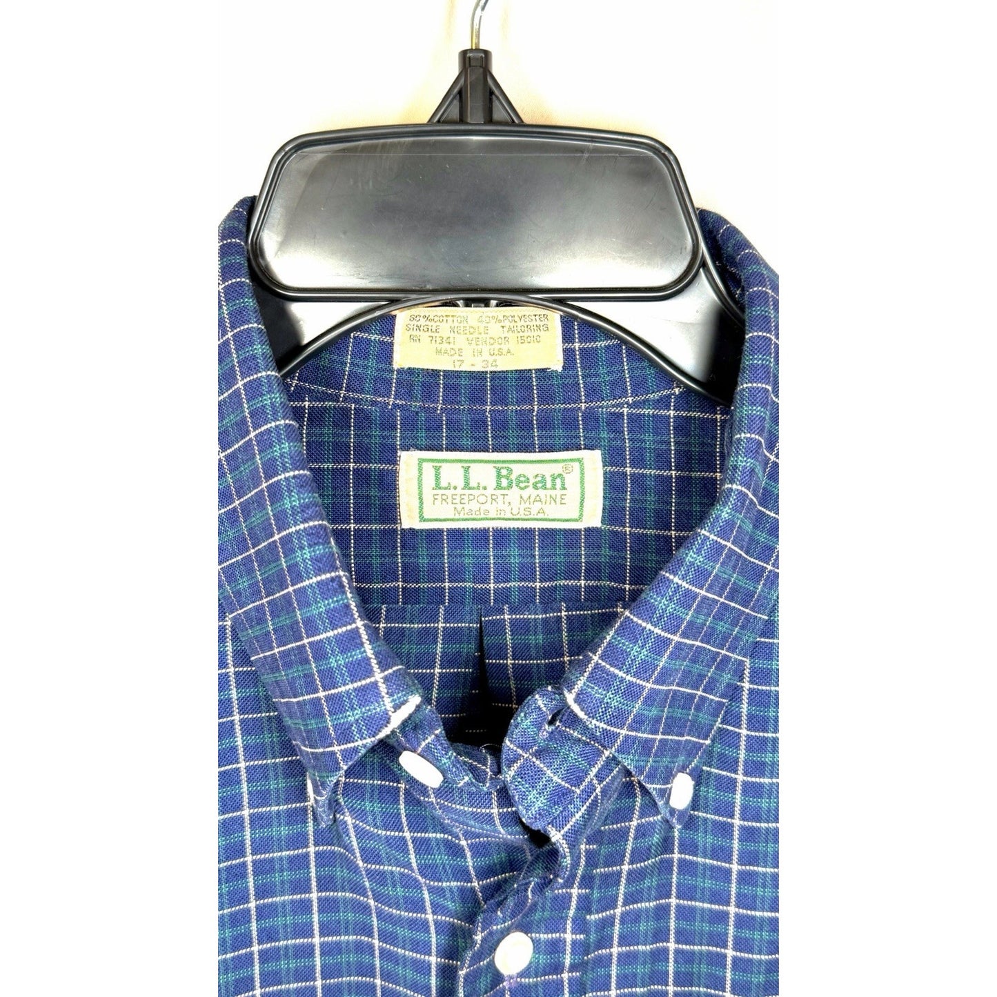 Vintage LL Bean Green and Navy Plaid Button Down Shirt Made in USA Men Sz 17-34