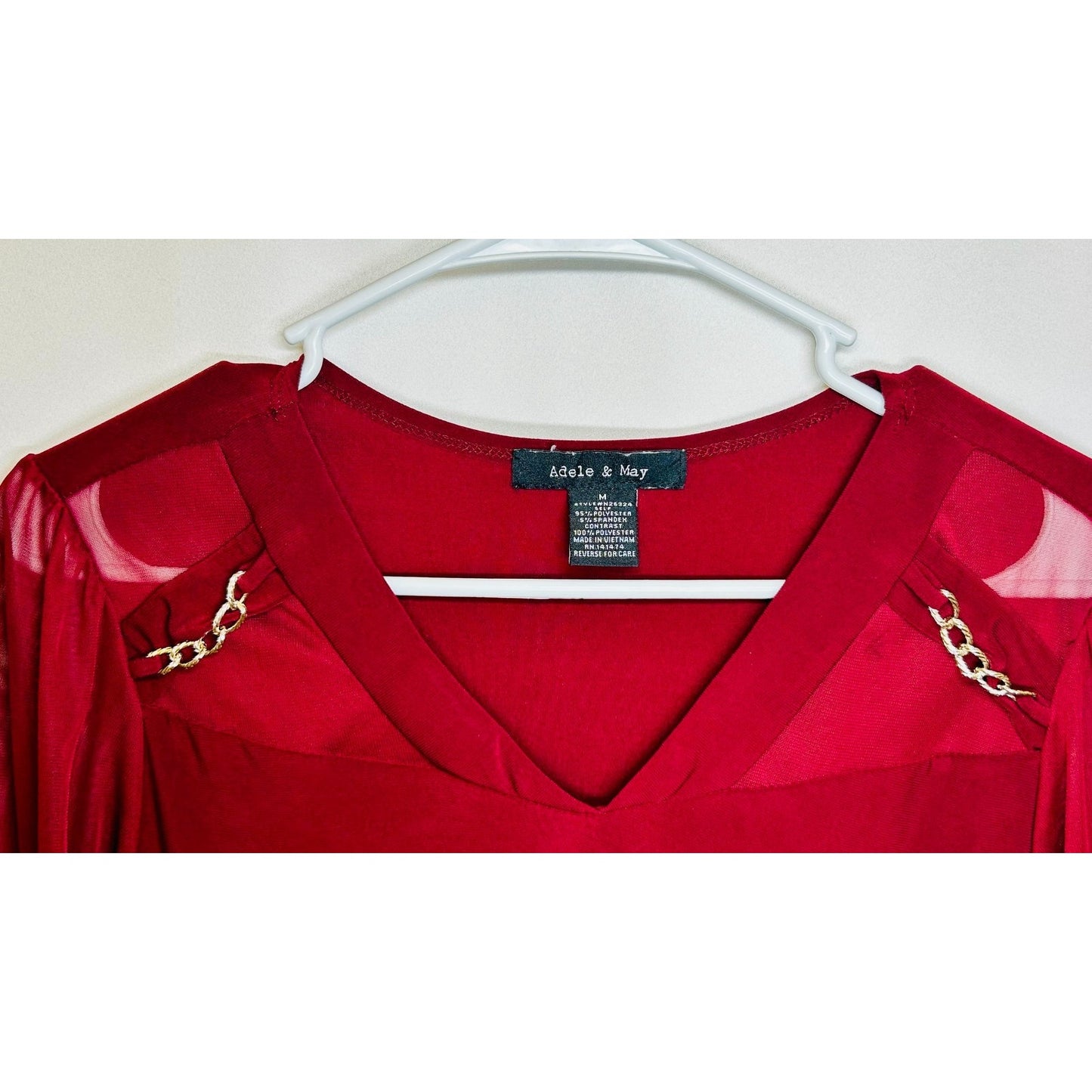 Adele & May Woman's Red Sheer Sleeve V-Neck Blouse Size Medium