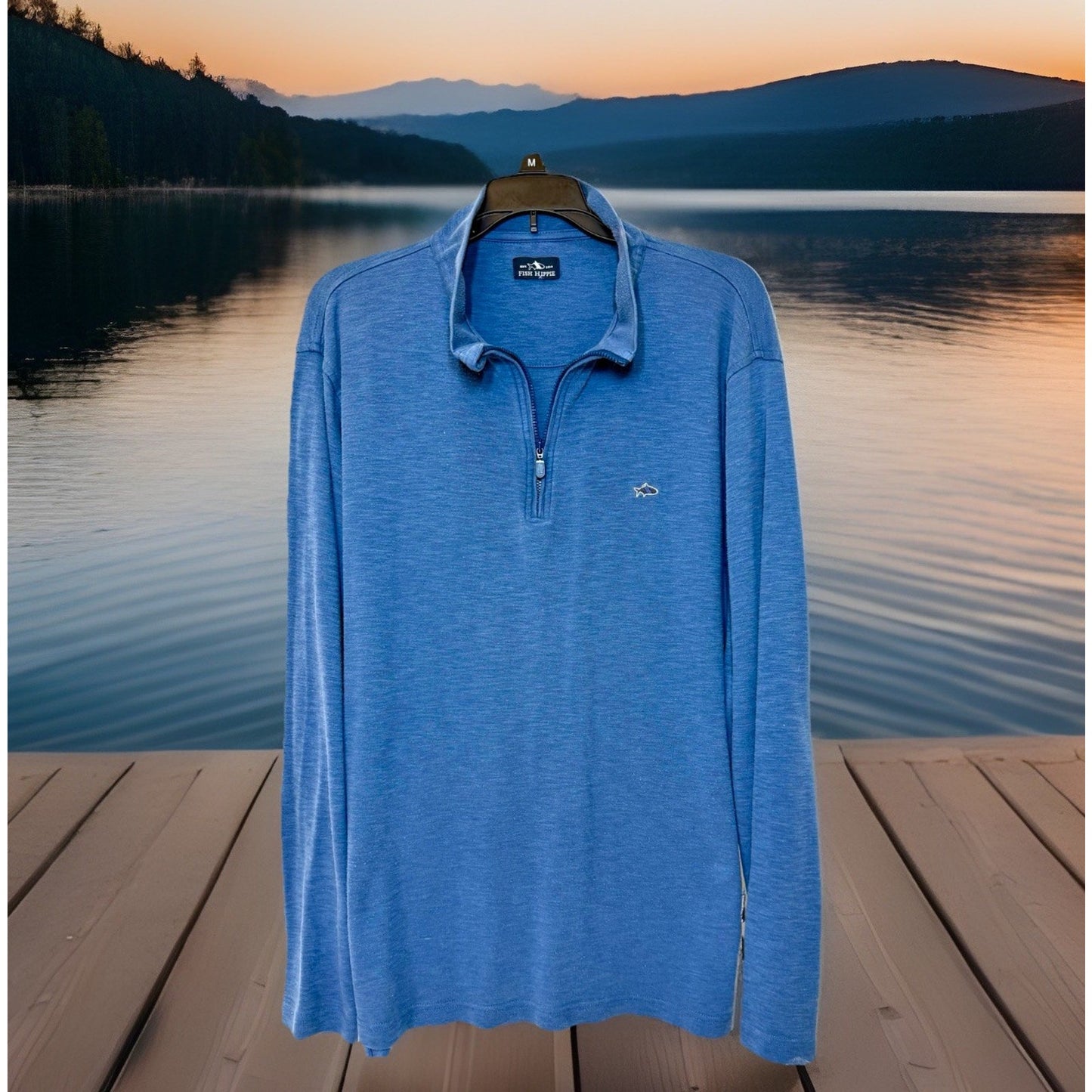 Fish Hippie 1/4 Zip Pullover Large Sweater Jacket Preppy Embroidered Light Blue