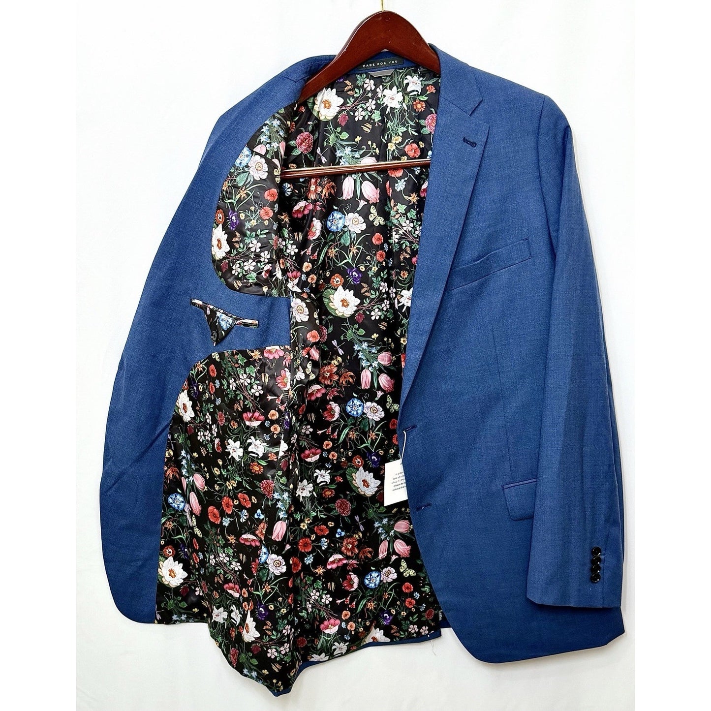 NWT Indochino Custom Blue/Floral Men Sport Coat Blazer Jacket Wool/Silk Size 46R