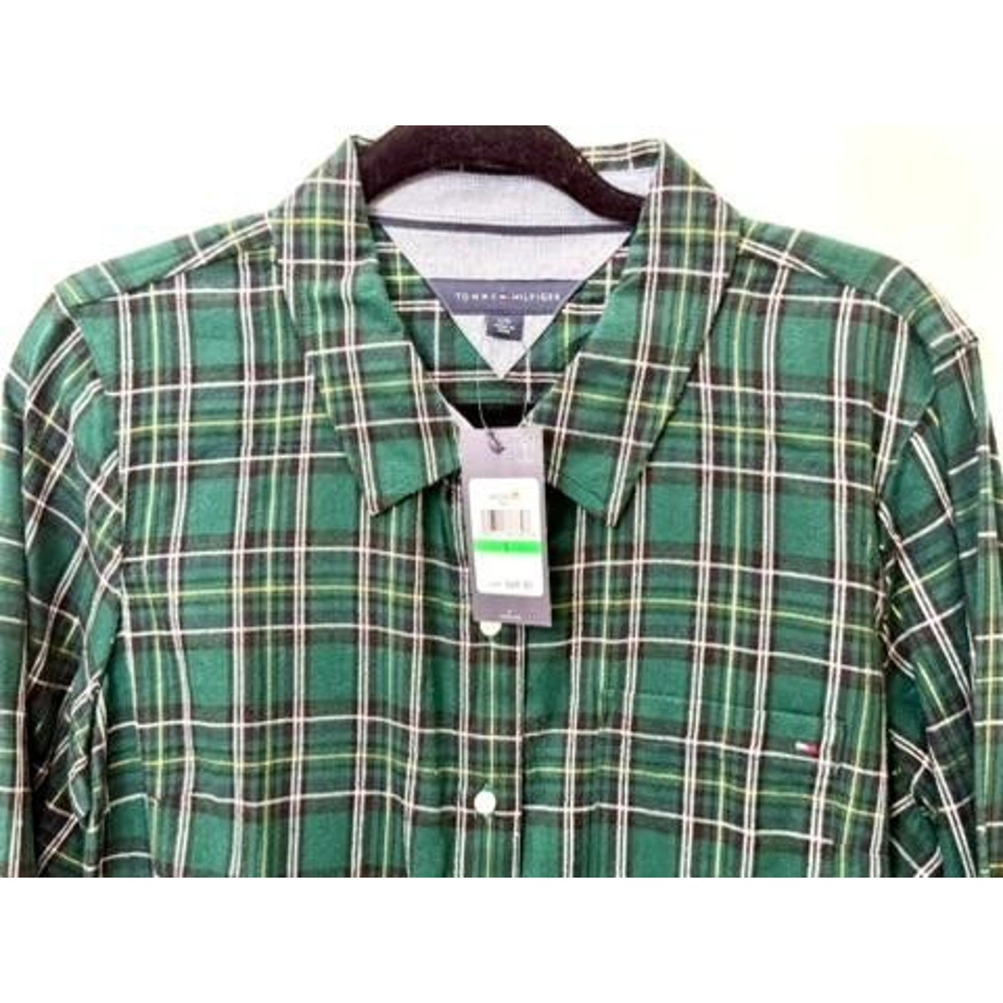 Tommy Hilfiger Plaid Button Up Shirt Womens Large Green Lurex Metallic NWT