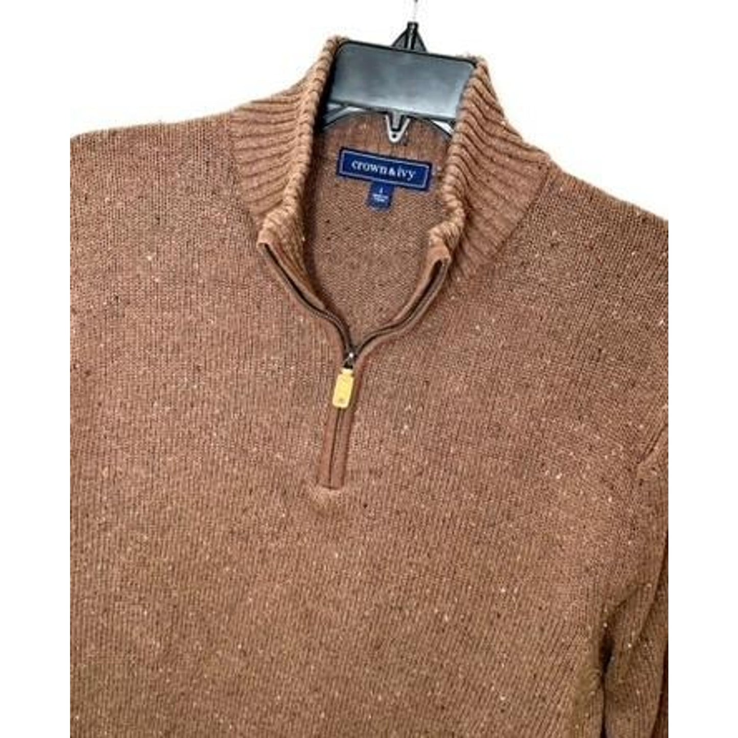 Crown & Ivy Mens Large Brown Tweed Knit 1/4 Zip Pullover Sweater Cotton Blend