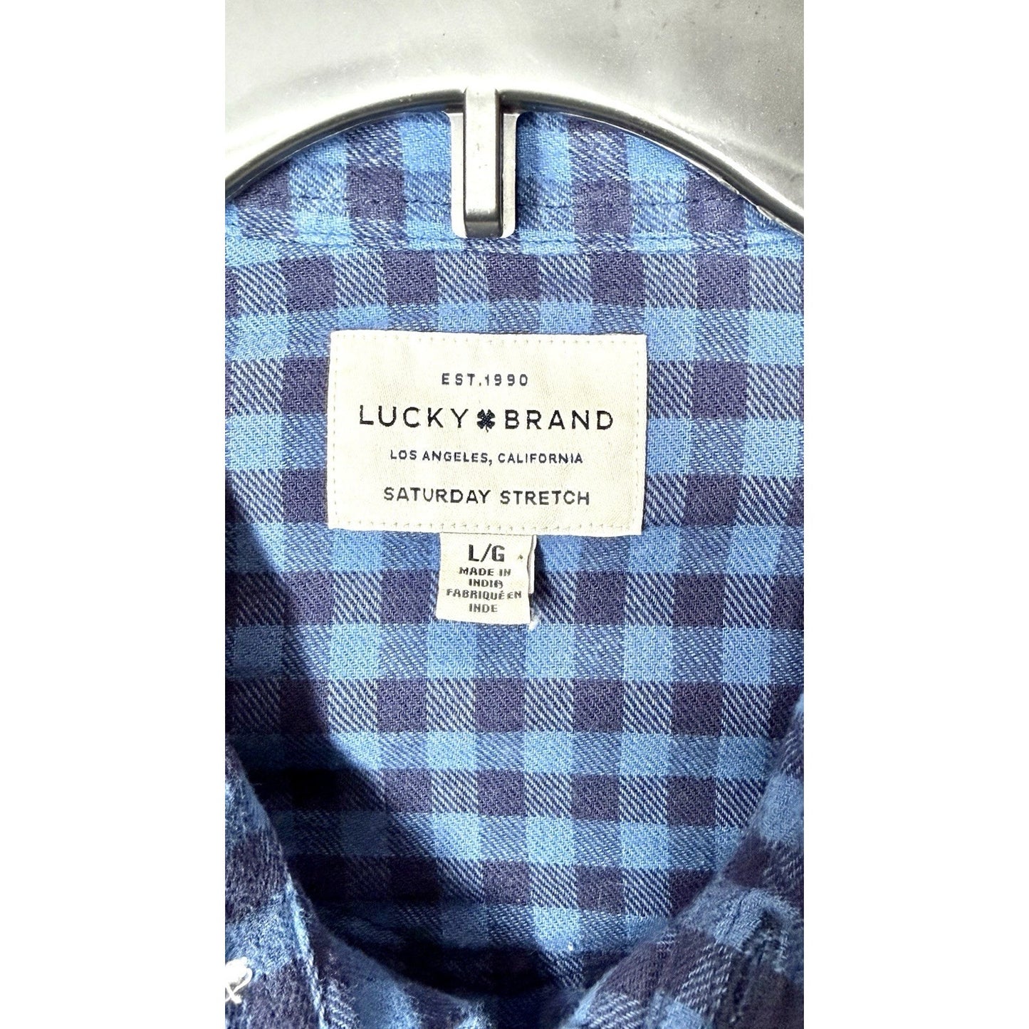 Lucky Brand Saturday Stretch Blue Plaid Men’s Large Pearl Snap Flannel Shirt