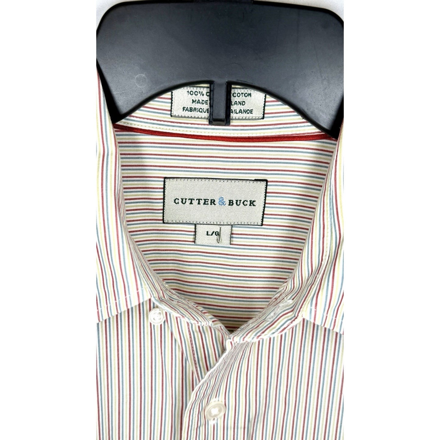 Cutter & Buck Shirt Mens Large Button Up Beige Striped Short Sleeve 100% Cotton