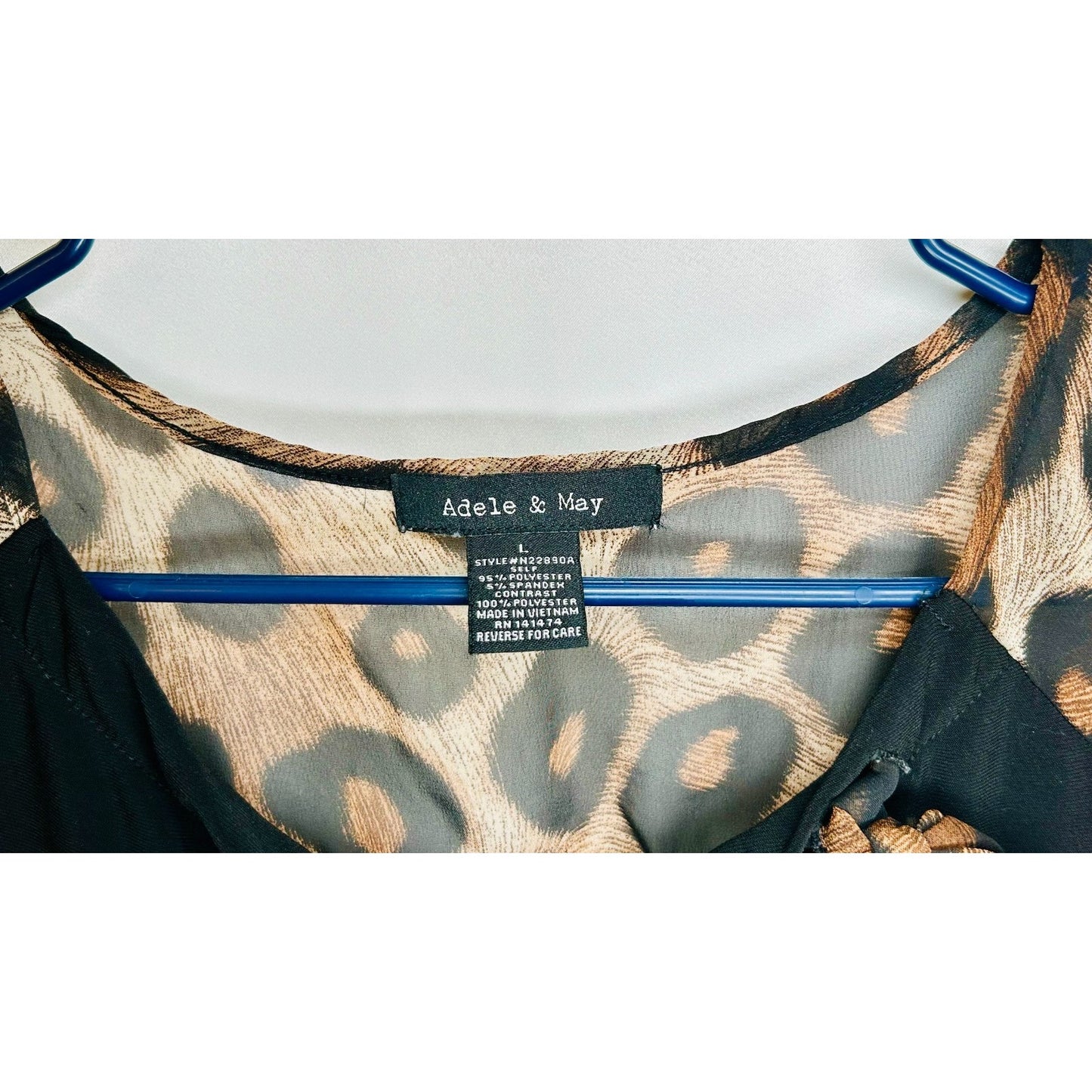Adele & May Black Leopard Bow Tie Jersey Knit Blouse Top Large