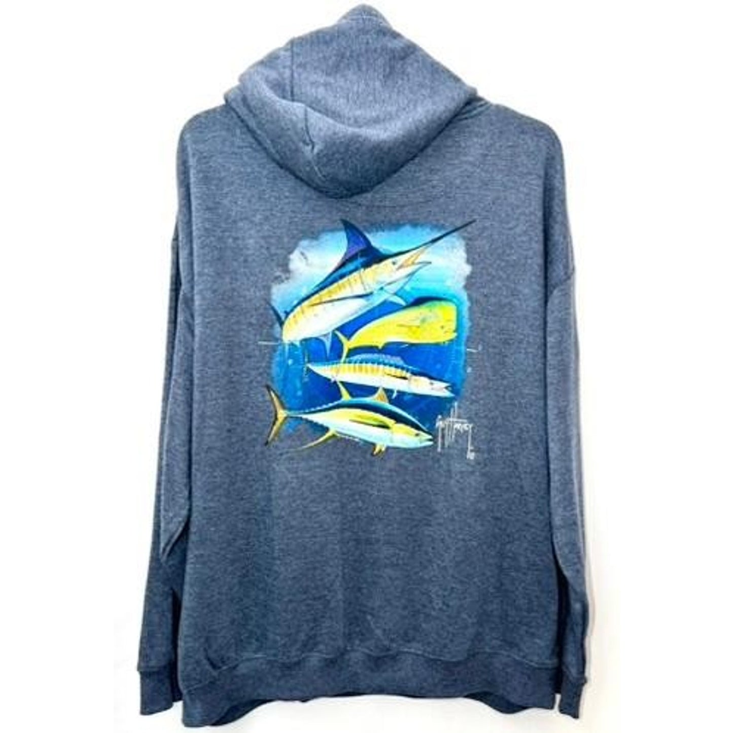 Guy Harvey Hoodie Mens XXL Blue Heather Marlin Tuna Mahi Mahi Fishing Sweatshirt