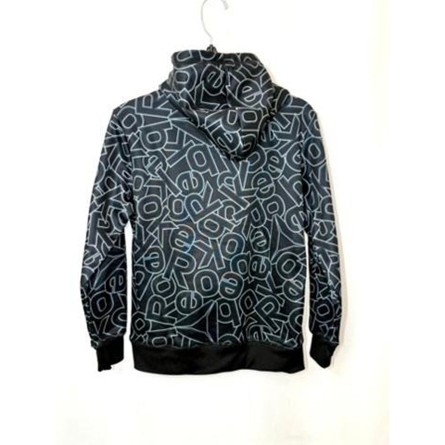 Reebok Boys Hoodie Sweatshirt Size 8 Medium Black Grey All Over Print Pullover