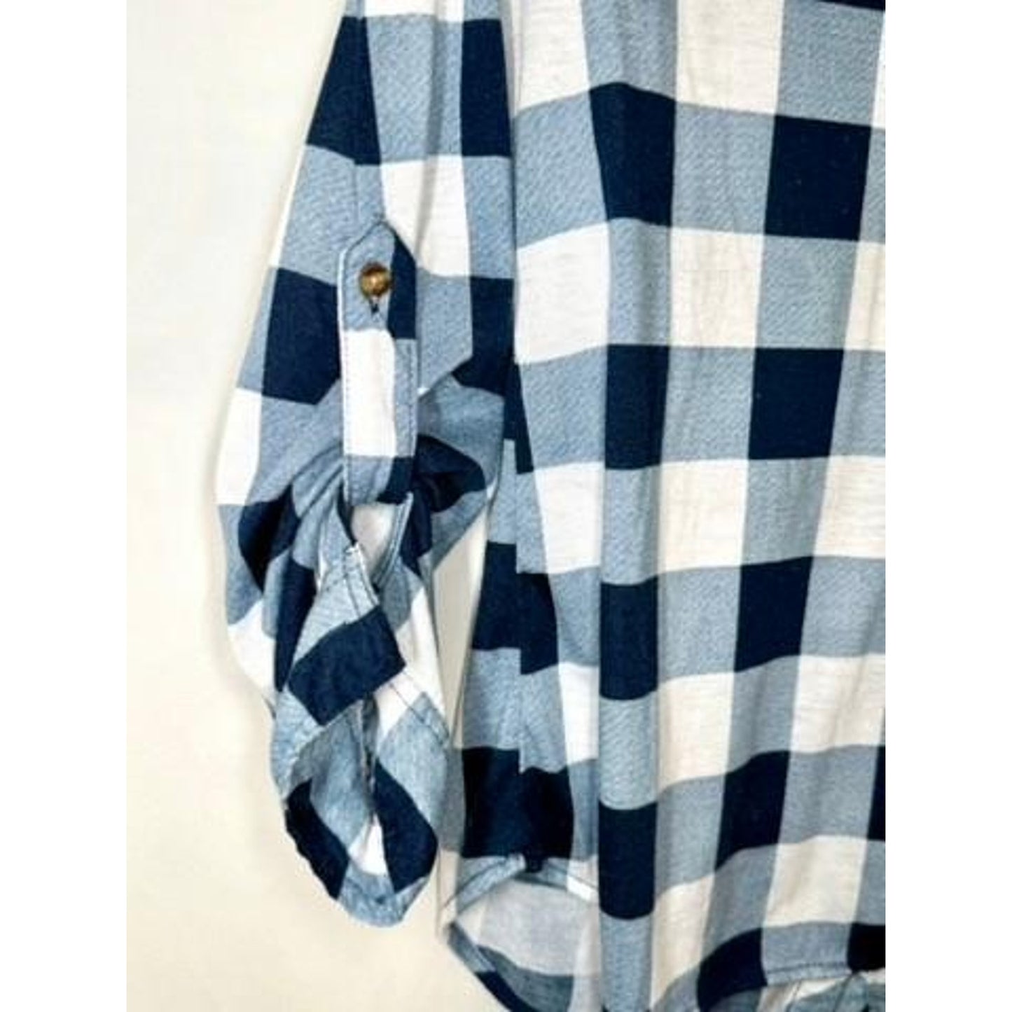 Passport Women Plaid Button Up Shirt Size M Blue White Buffalo Check Roll Tab