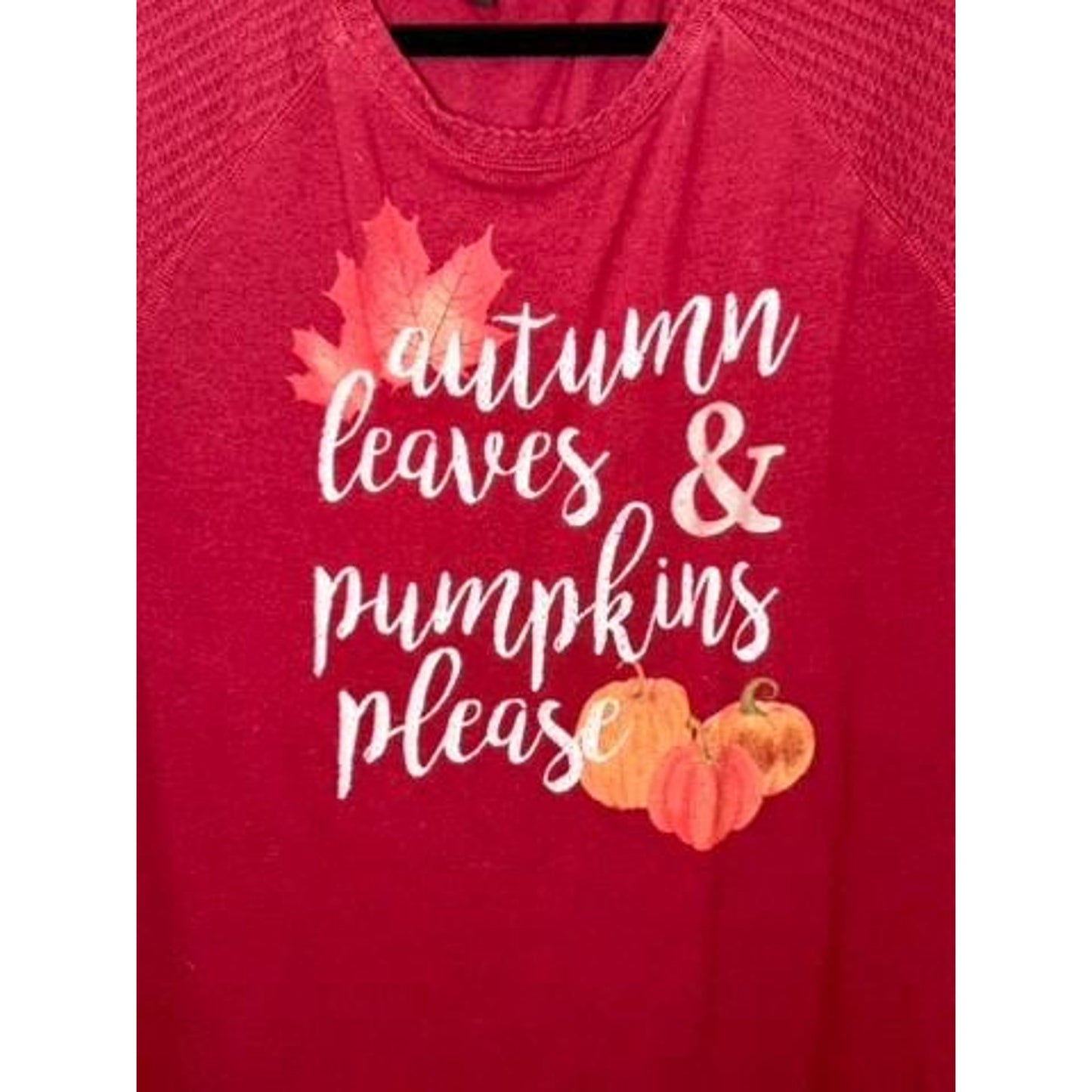 Modern Canvas Autumn Leaves Pumpkins Please Top Womens Large Red 3/4 Sleeve