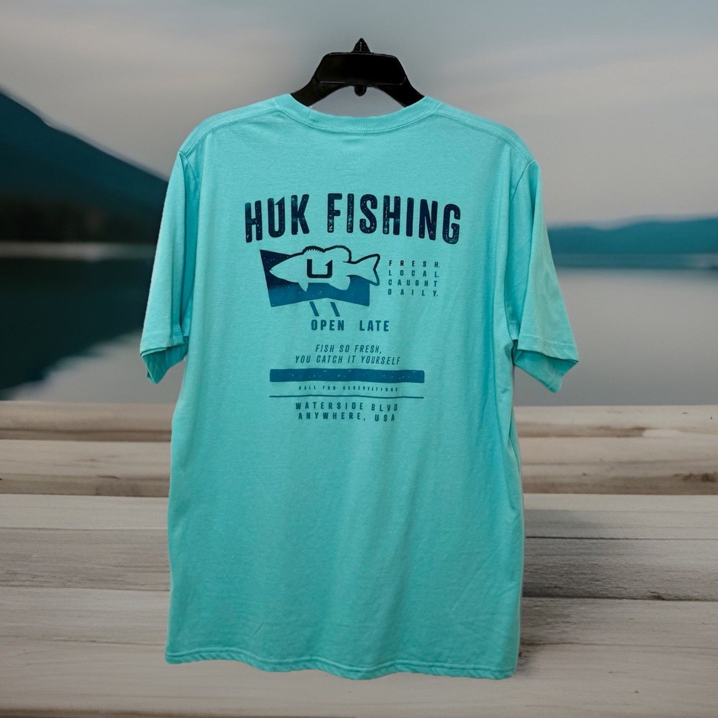 Huk Performance Fishing T-Shirt Sz M Medium “Open Late” Graphic Print Green