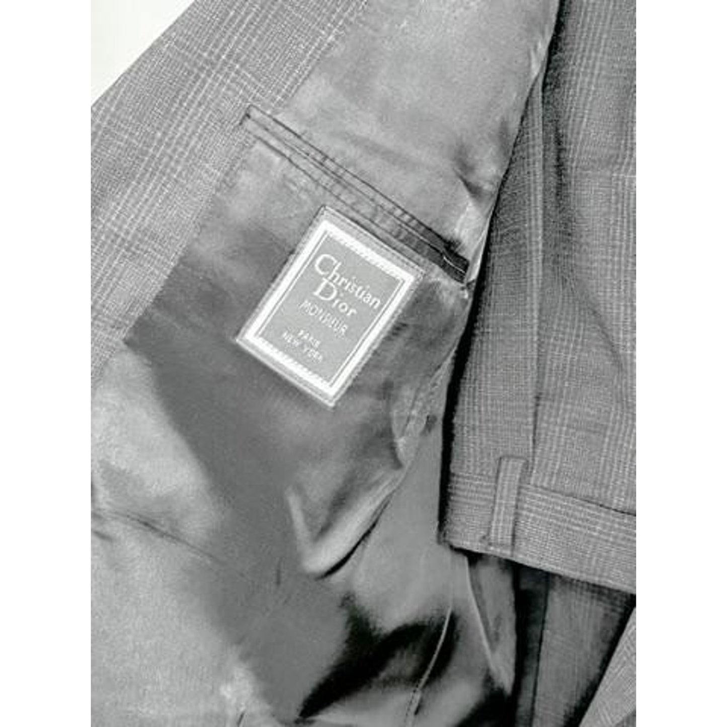 Christian Dior Monsieur Suit Mens 40L Gray Wool Double Breasted Plaid Vintage