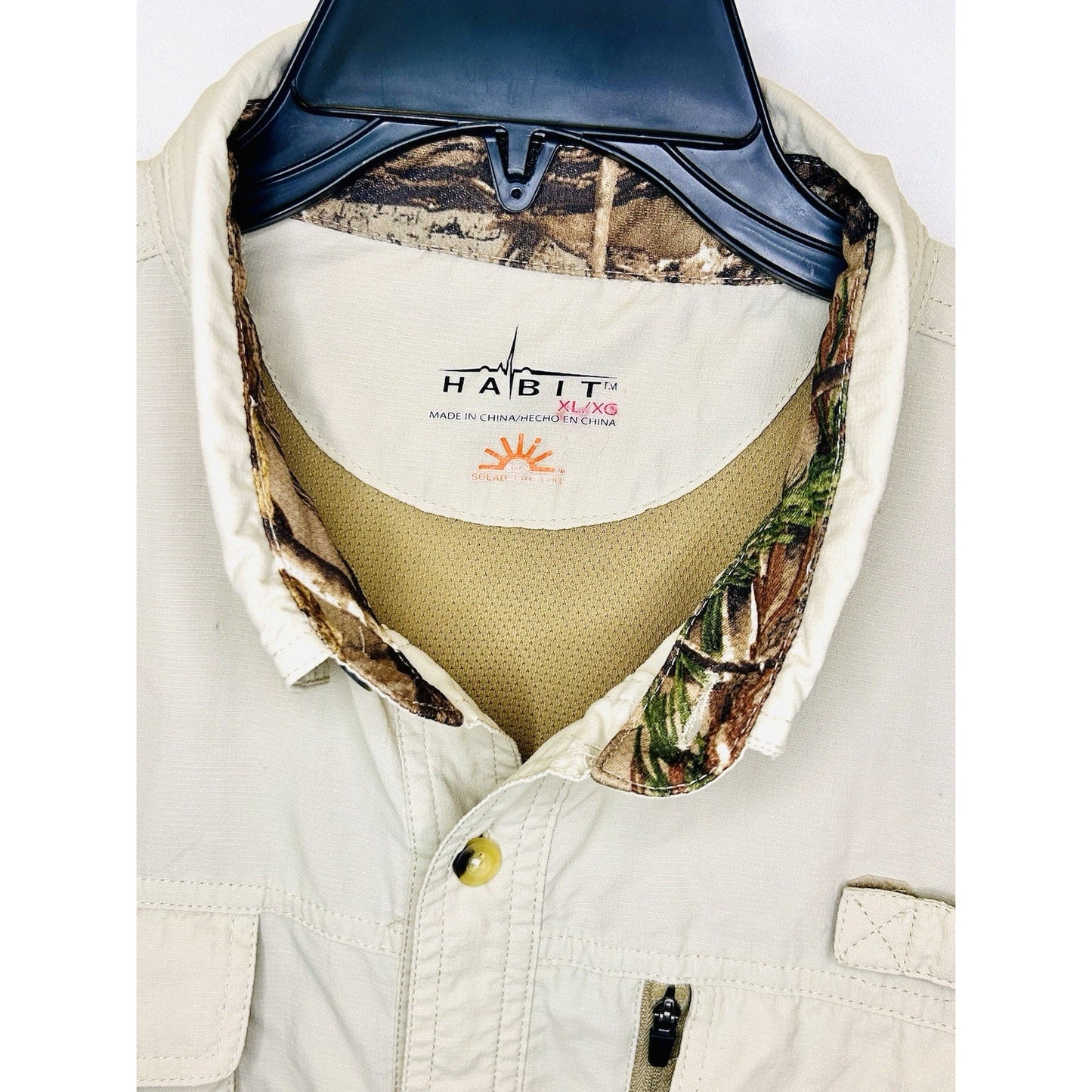 Habit Solar 30+ Factor Beige Realtree Button Up Fishing Men's Shirt 100% Nylon