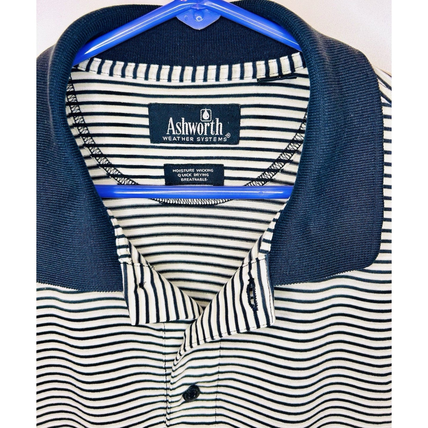 Ashworth Polo Striped Golf Shirt - White/Navy - Men’s XL - Breathable