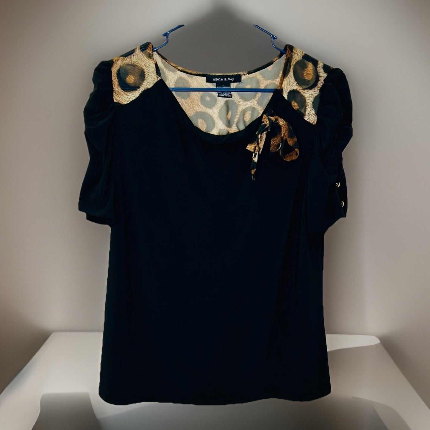 Adele & May Black Leopard Bow Tie Jersey Knit Blouse Top Large