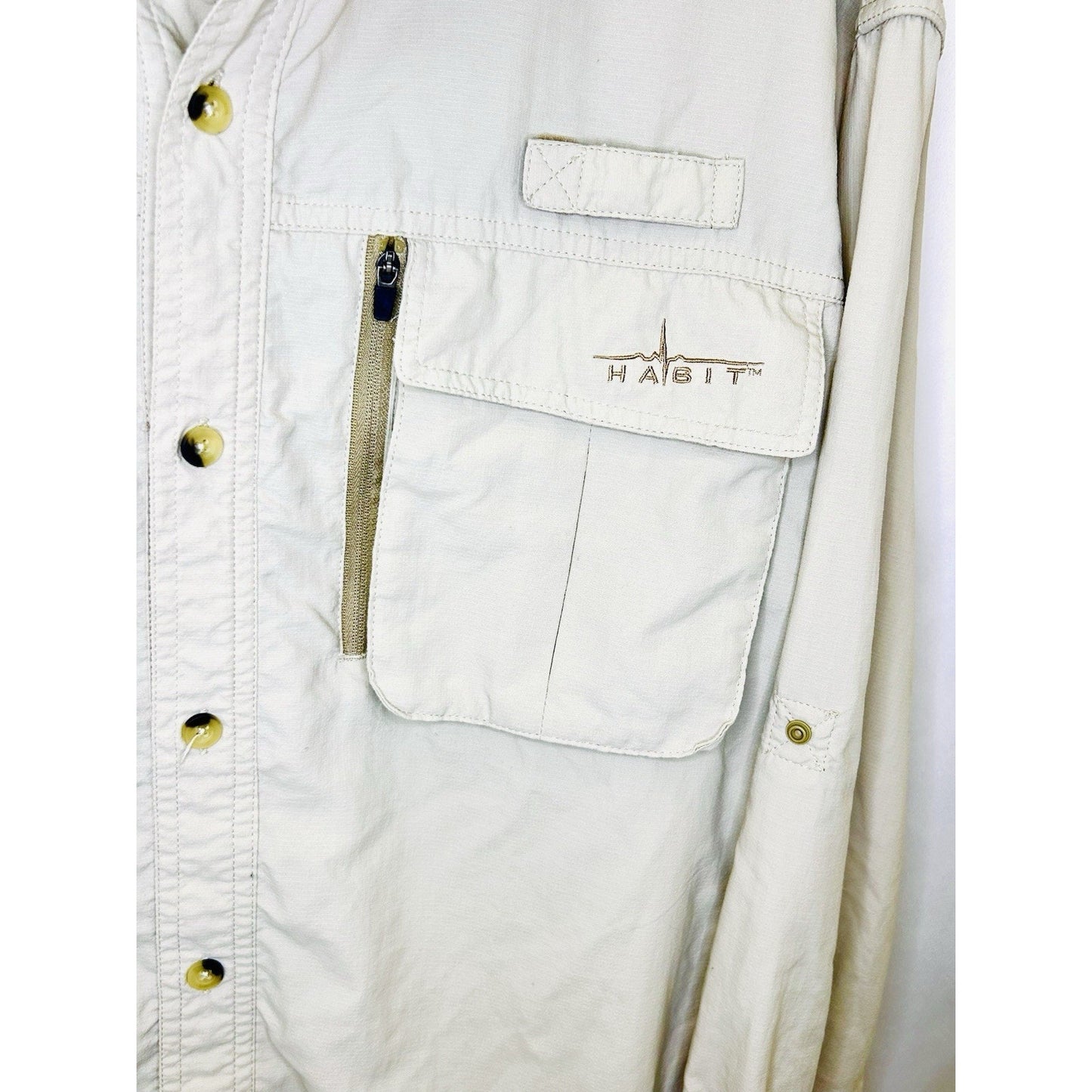 Habit Solar 30+ Factor Beige Realtree Button Up Fishing Men's Shirt 100% Nylon