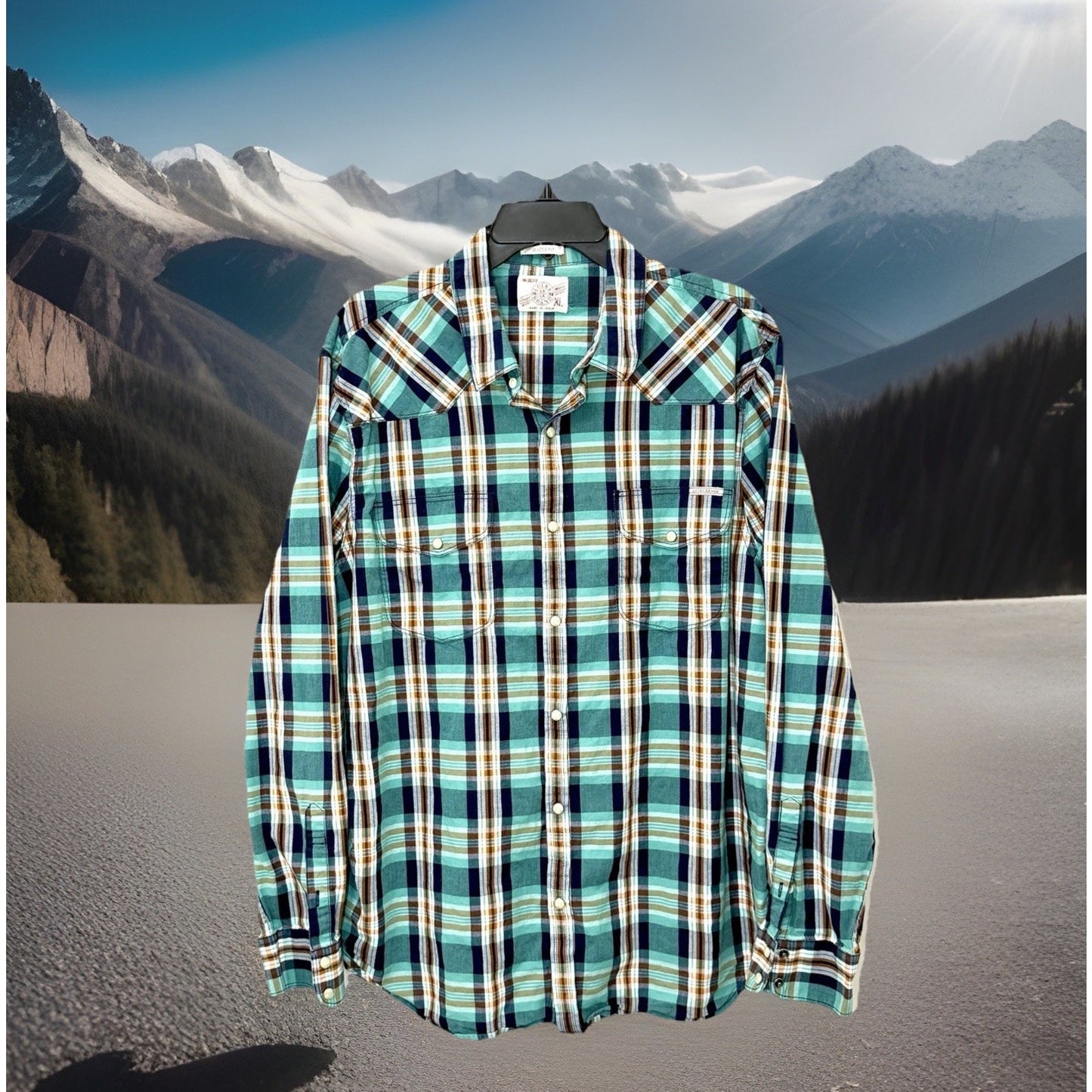 Lucky Brand Men’s XL Western Pearl Snap Shirt Plaid Green Teal Flannel EUC