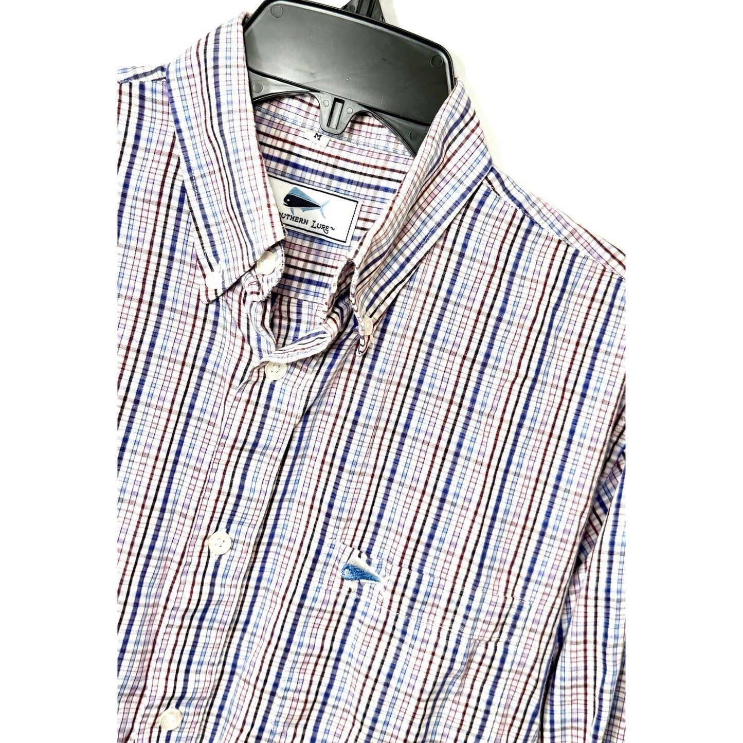 Southern Lure Shirt Men Large Long Sleeve Button Up Red White Blue Check w Logo
